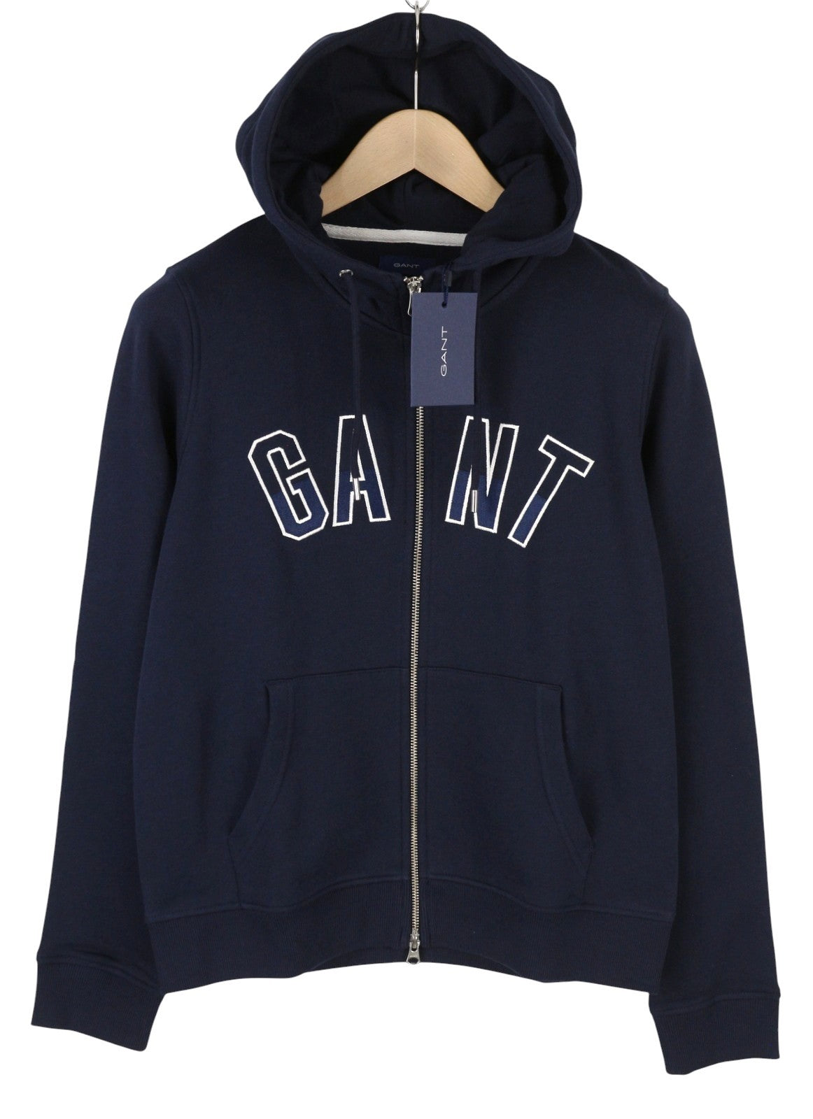 GANT NH Full Zip moteriškas džemperis su gobtuvu, L dydžio, vakarinės mėlynos spalvos, su kišenėmis priekyje, logotipu ir raišteliais. 