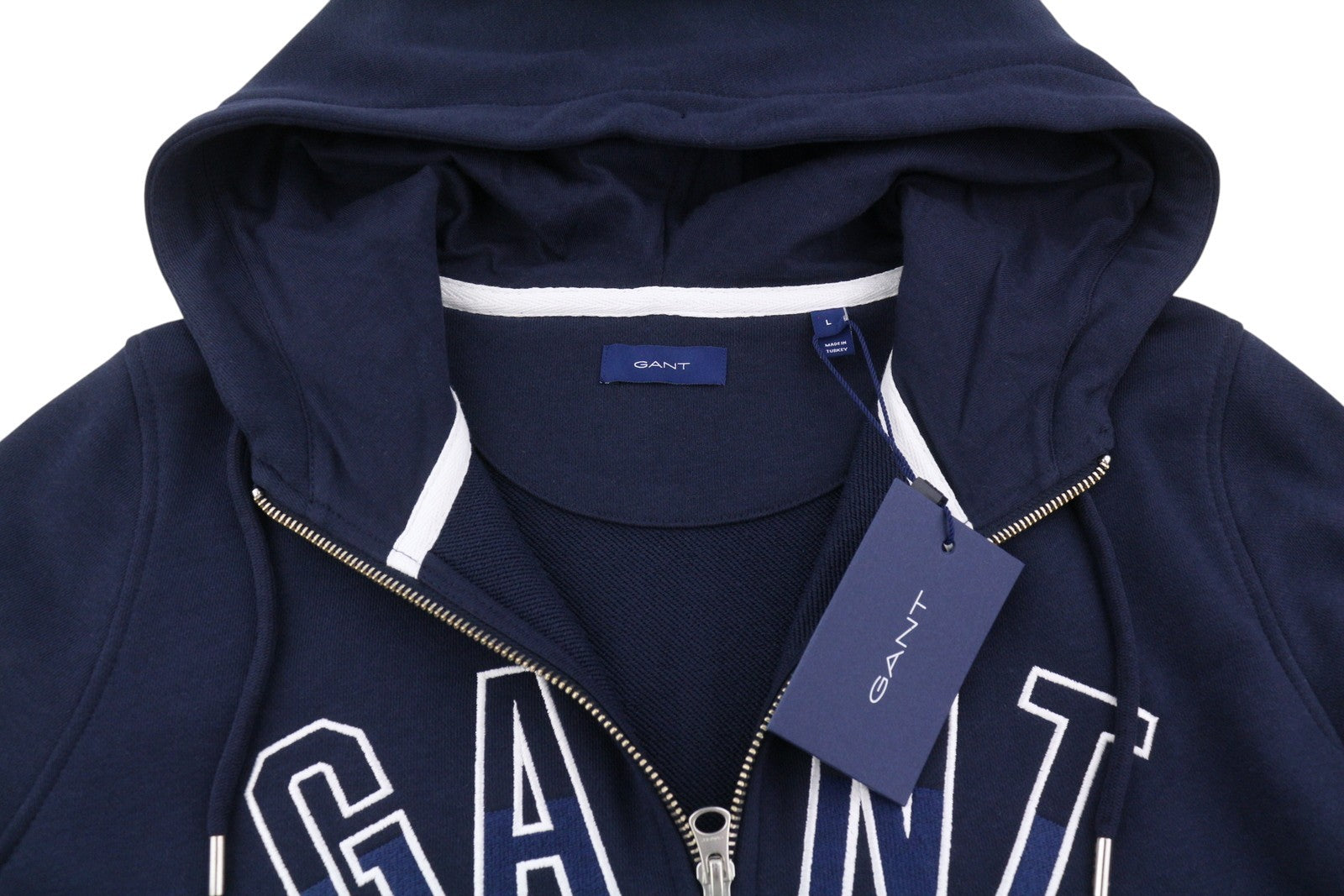 GANT NH Full Zip moteriškas džemperis su gobtuvu, L dydžio, vakarinės mėlynos spalvos, su kišenėmis priekyje, logotipu ir raišteliais. 