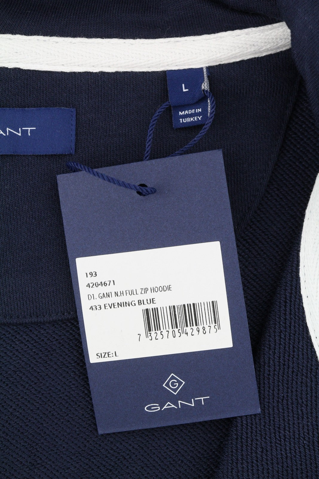GANT NH Full Zip moteriškas džemperis su gobtuvu, L dydžio, vakarinės mėlynos spalvos, su kišenėmis priekyje, logotipu ir raišteliais. 