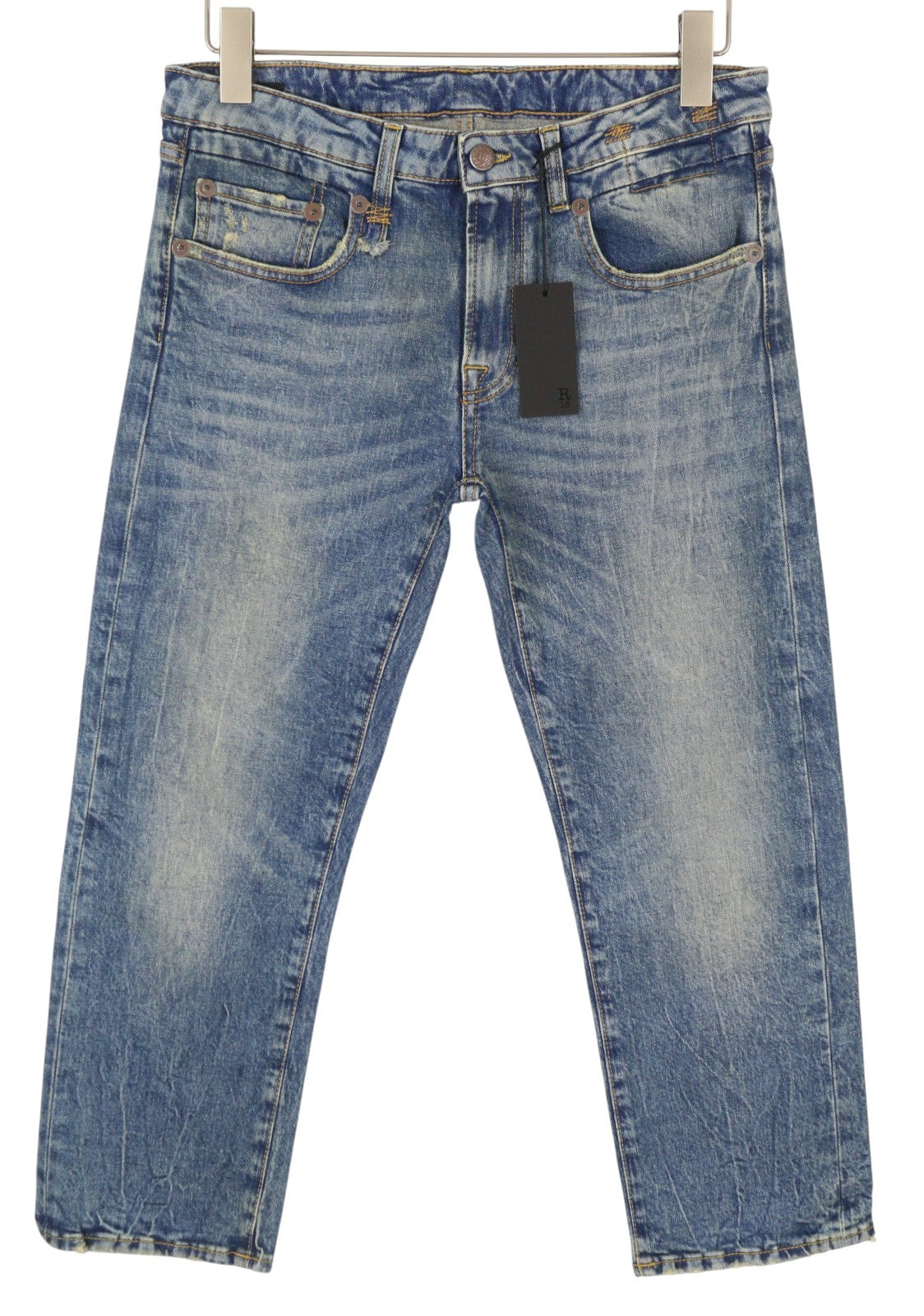 R13 berniukiški tiesūs moteriški džinsai 29 Kelly tamprūs trumpi išblukintos mėlynos spalvos FW25 RRP699 