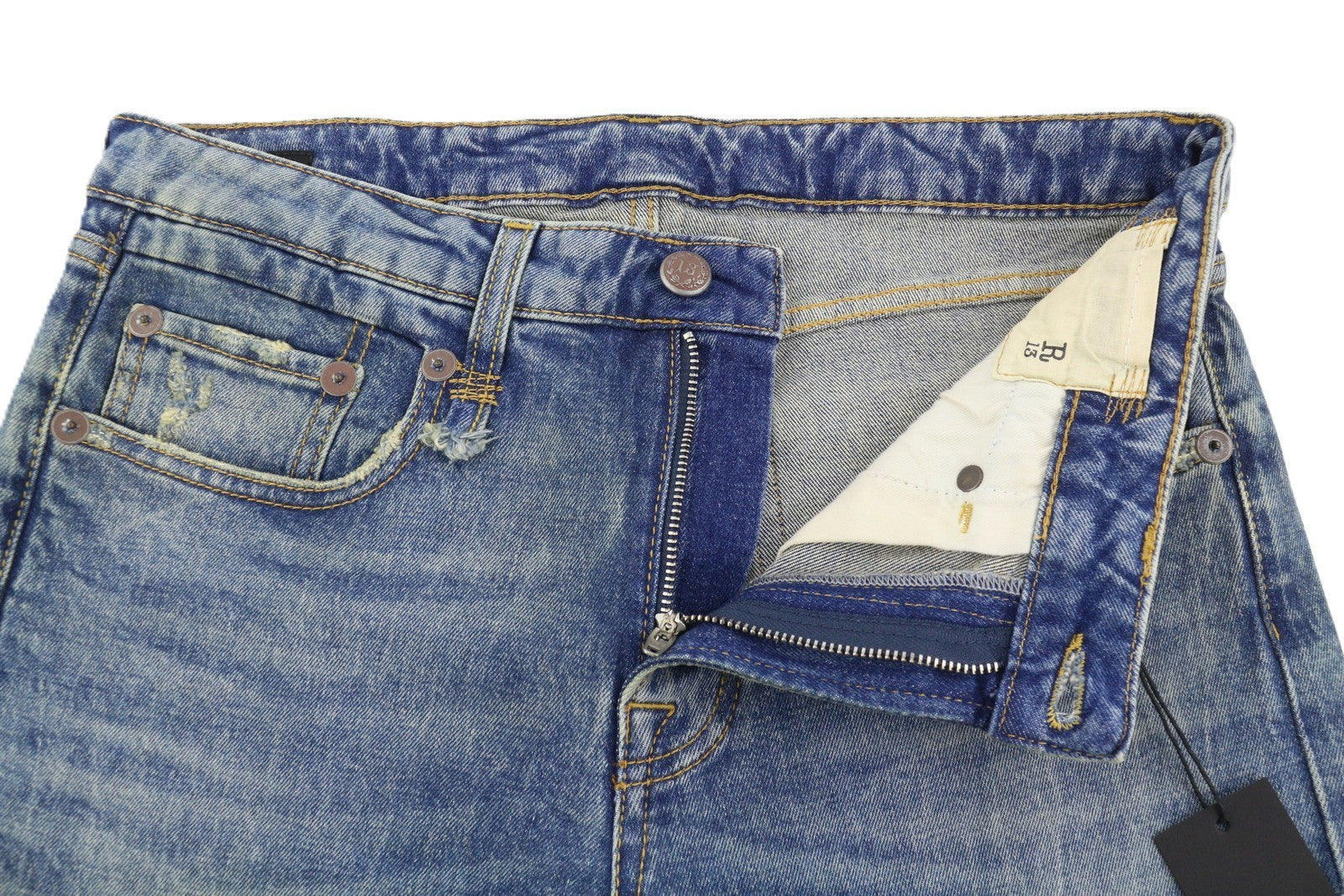 R13 berniukiški tiesūs moteriški džinsai 29 Kelly tamprūs trumpi išblukintos mėlynos spalvos FW25 RRP699 