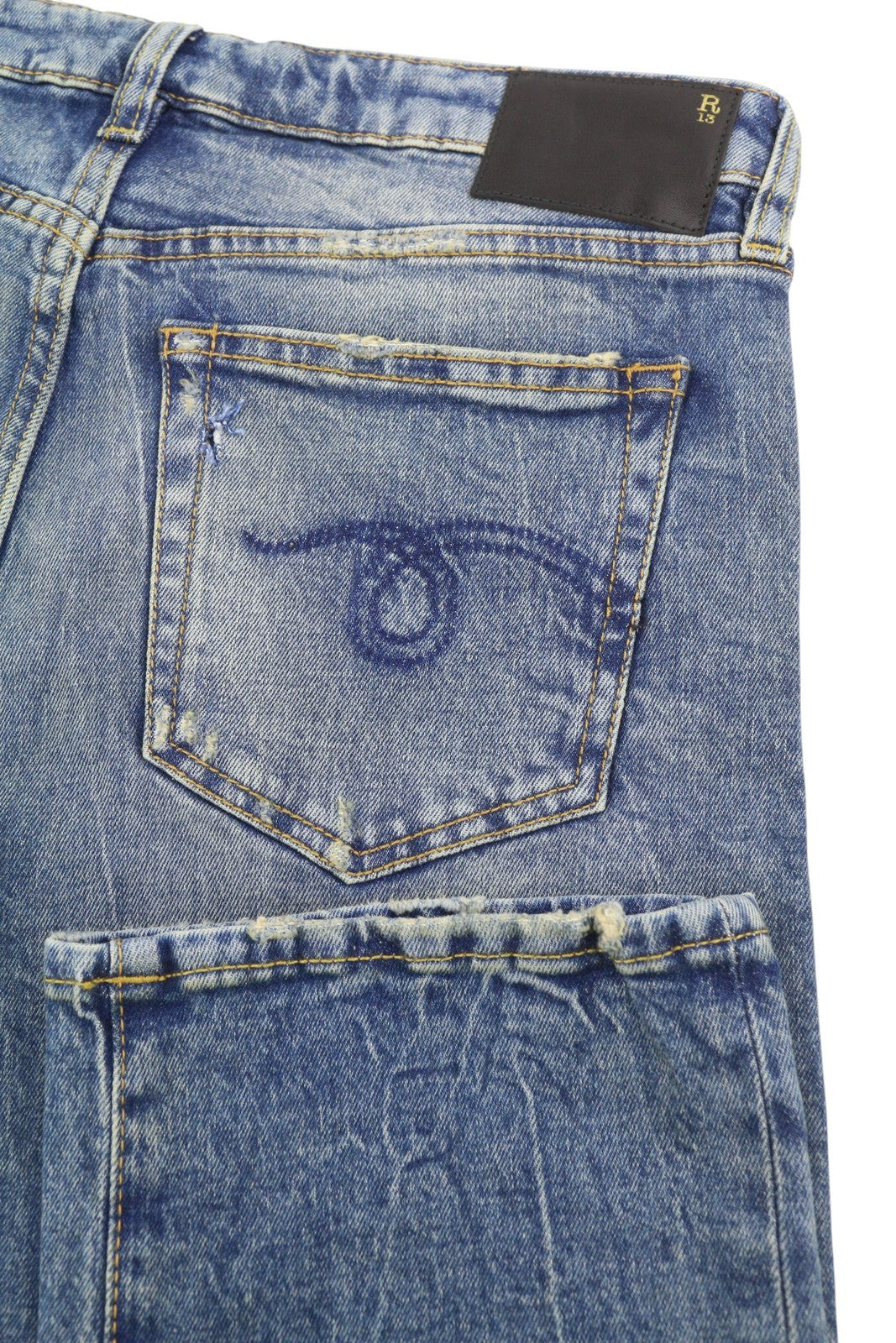 R13 berniukiški tiesūs moteriški džinsai 29 Kelly tamprūs trumpi išblukintos mėlynos spalvos FW25 RRP699 