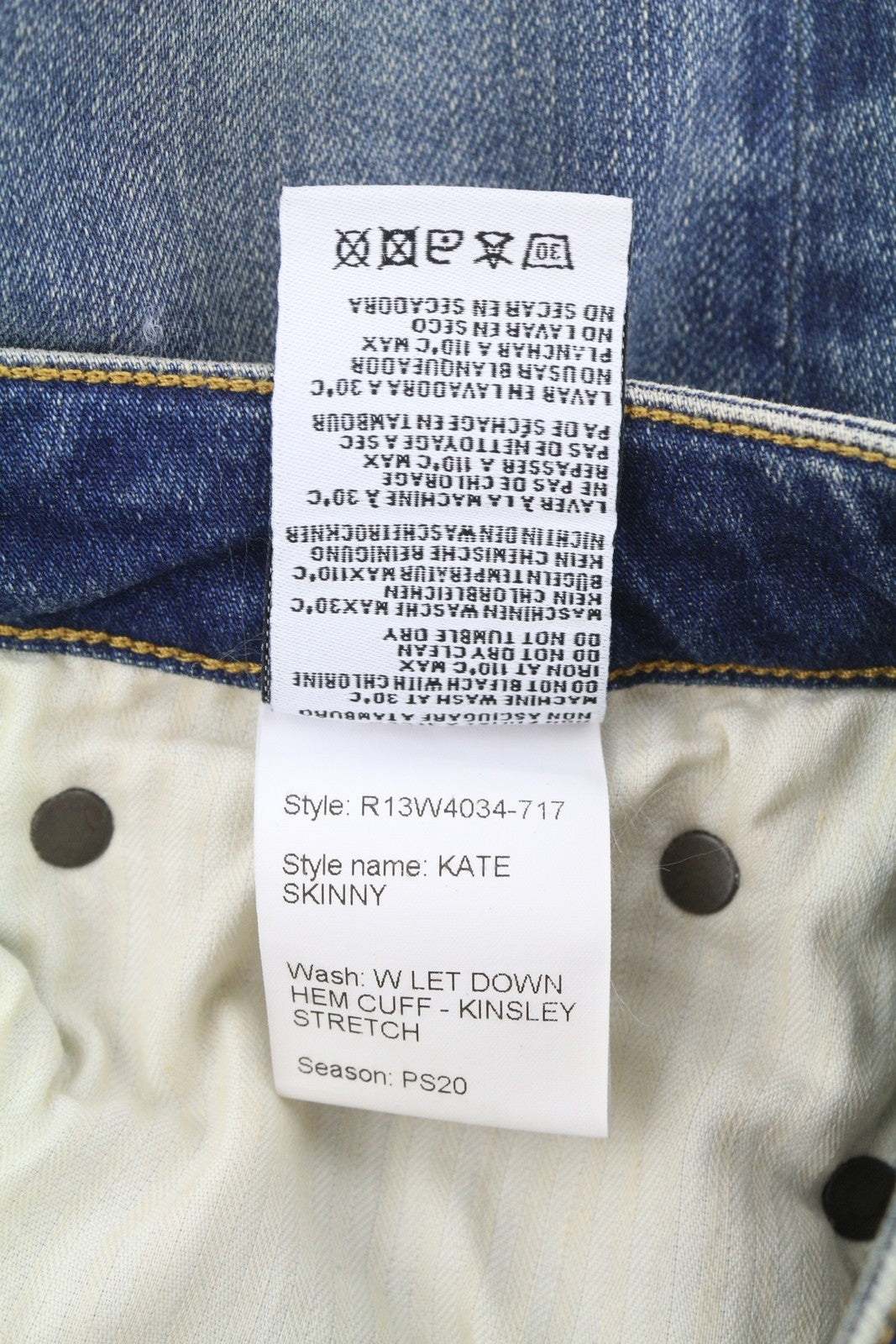 R13 Kate Skinny Women Jeans 27 W Let Down Hem Cuff Kinsley Stretch Distress Blue