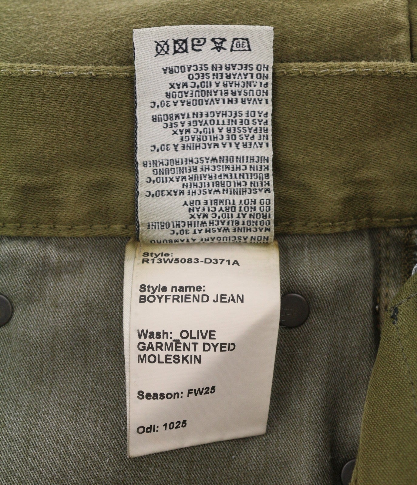 R13 Boyfriend Women Jeans 28 Olive Garment Dyed Moleskin Zip Fly FW25 RRP790