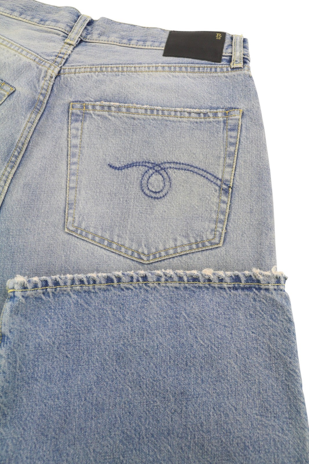 R13 Wayne vyriški džinsai su sąnariais ant kelių, 33 Merrin mėlyni, išblukę ūsai, klostuoti PF25 