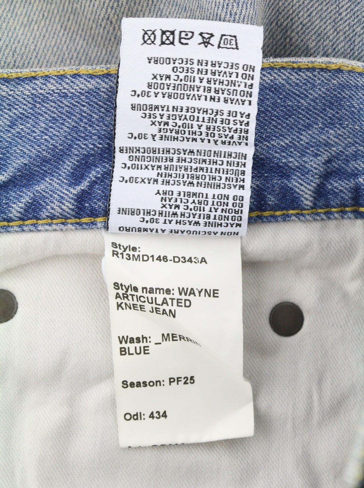 R13 Wayne vyriški džinsai su sąnariais ant kelių, 33 Merrin mėlyni, išblukę ūsai, klostuoti PF25 
