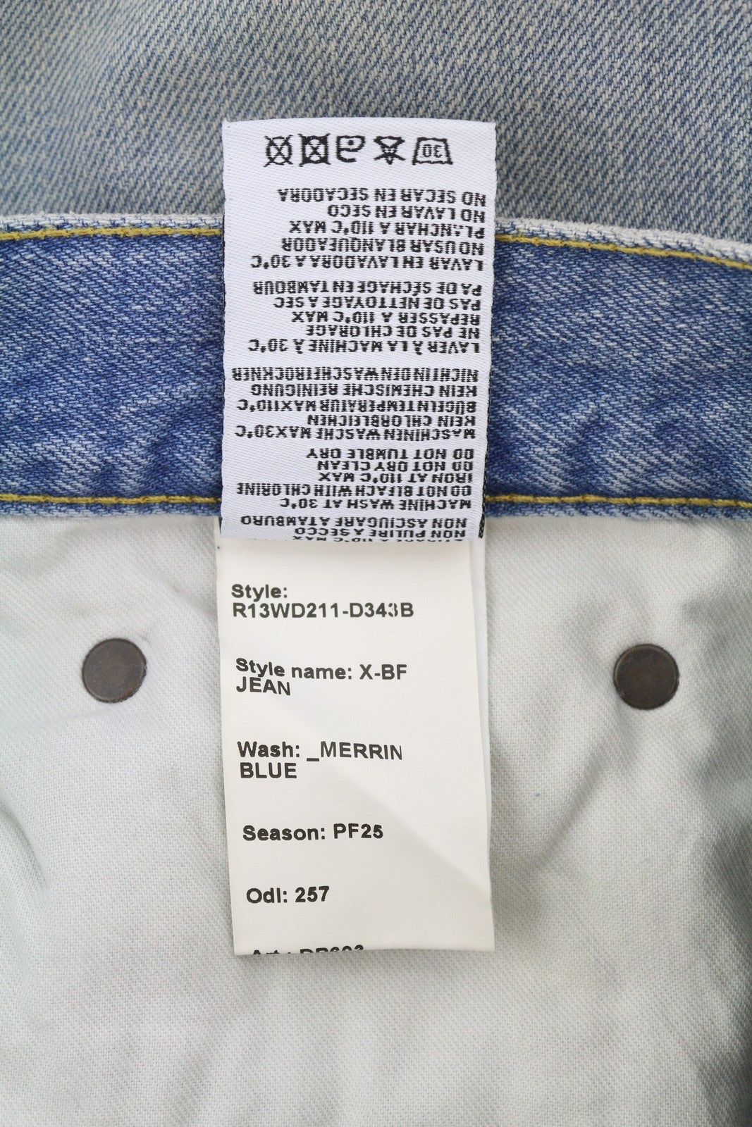 R13 X-BF Women Jeans 27 Merrin Blue Whiskers Washed Low Rise Zip Fly PF25 RRP799