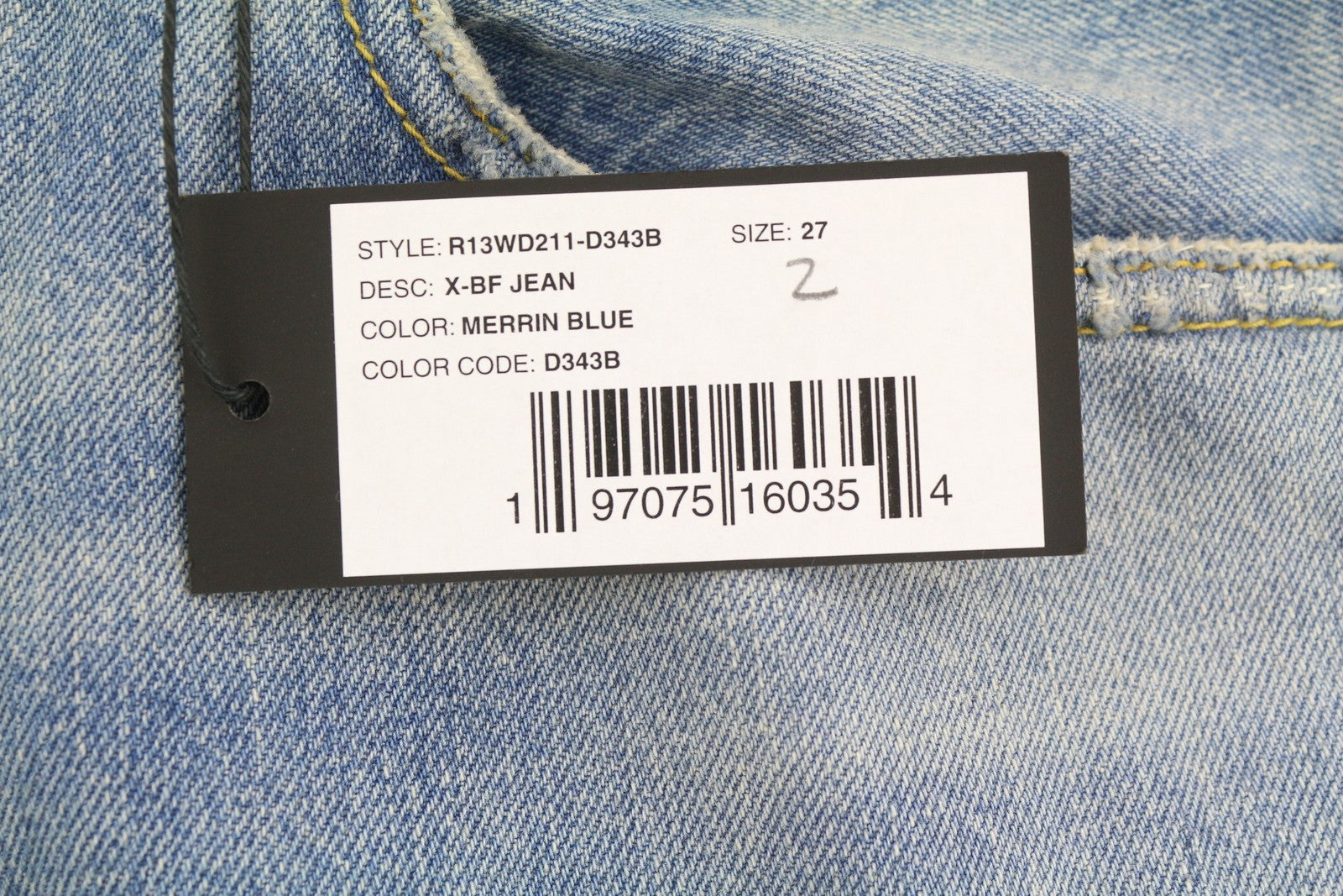 R13 X-BF Women Jeans 27 Merrin Blue Whiskers Washed Low Rise Zip Fly PF25 RRP799