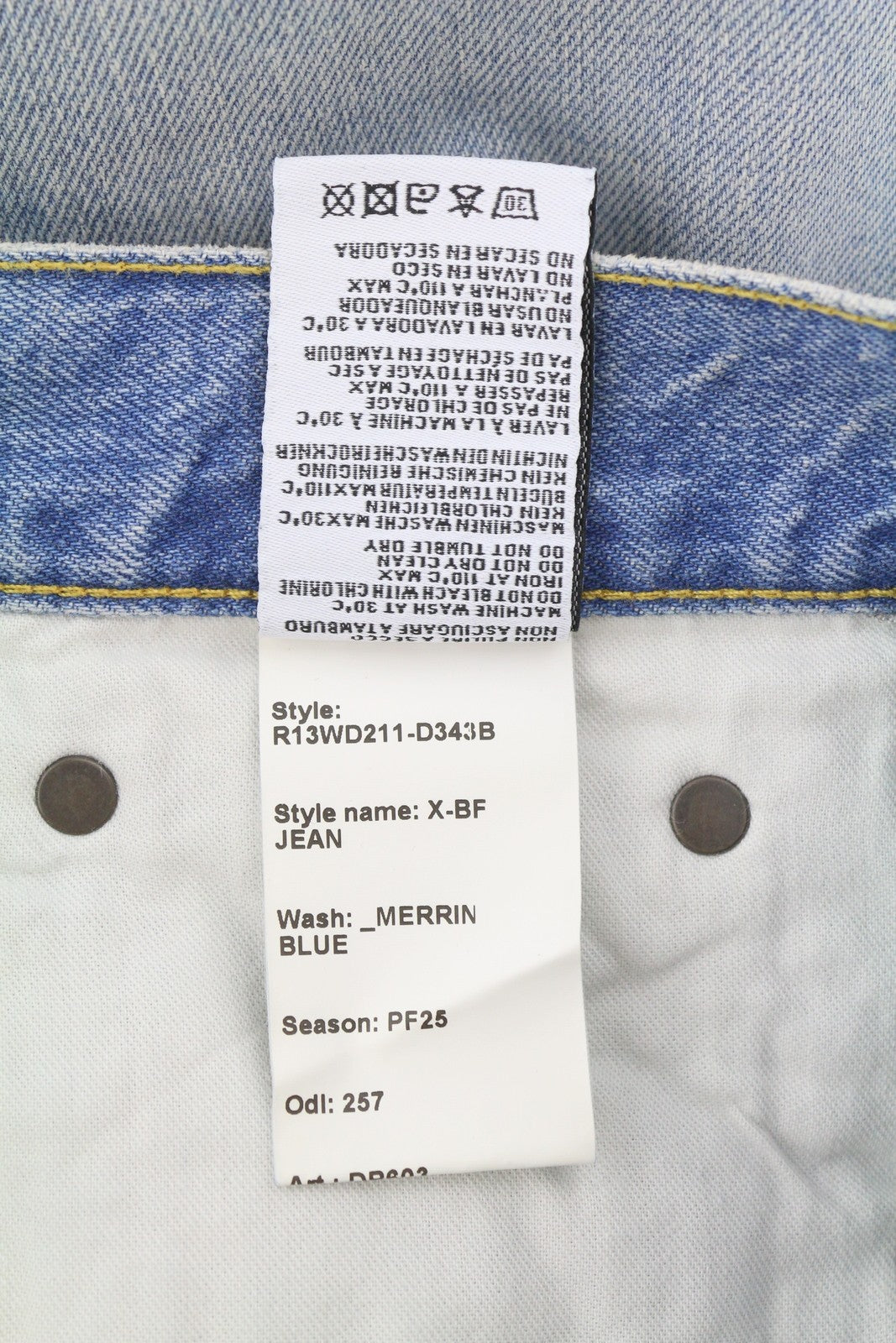 R13 X-BF Women Jeans 25 Merrin Blue Whiskers Washed Low Rise Zip Fly PF25 RRP799