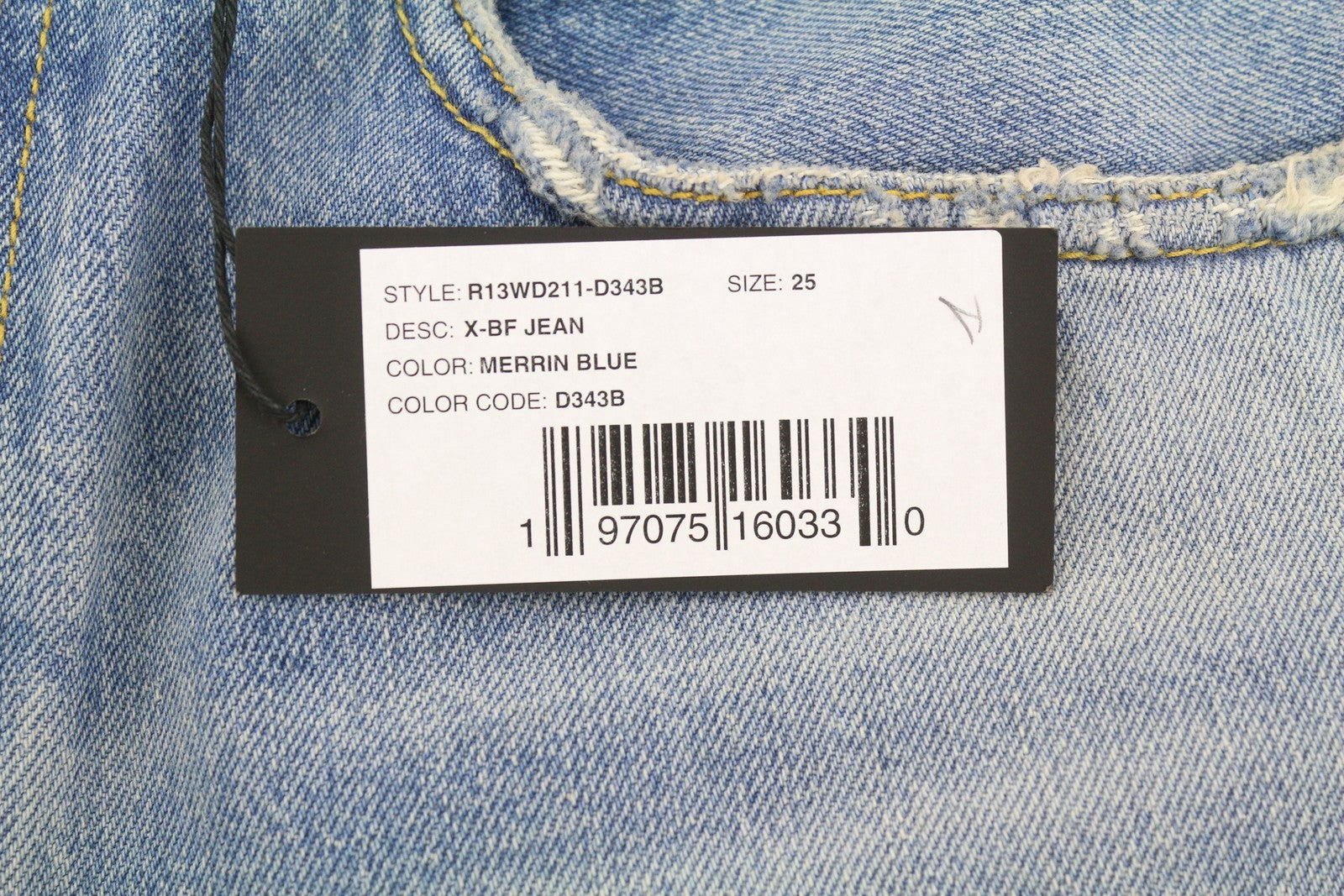 R13 X-BF Women Jeans 25 Merrin Blue Whiskers Washed Low Rise Zip Fly PF25 RRP799