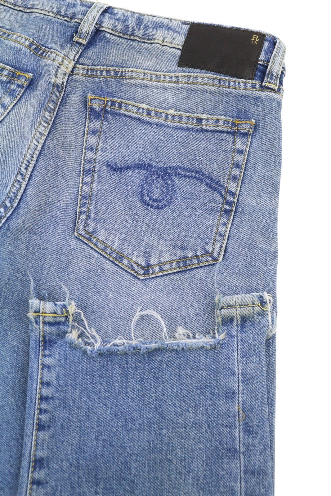 R13 Boy Straight W Rips Women Jeans 27 Jasper Stretch Low Rise Copped Blue FW25