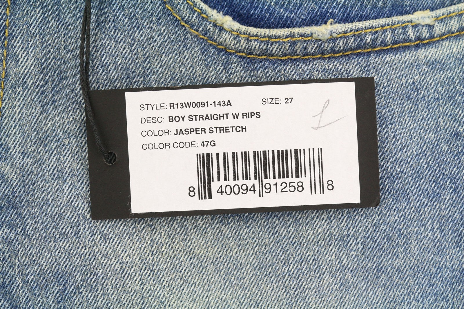 R13 Boy Straight W Rips Women Jeans 27 Jasper Stretch Low Rise Copped Blue FW25