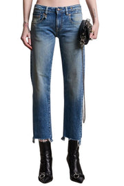 R13 Boy Straight W Rips Women Jeans 29 Jasper Stretch Low Rise Copped Faded Blue