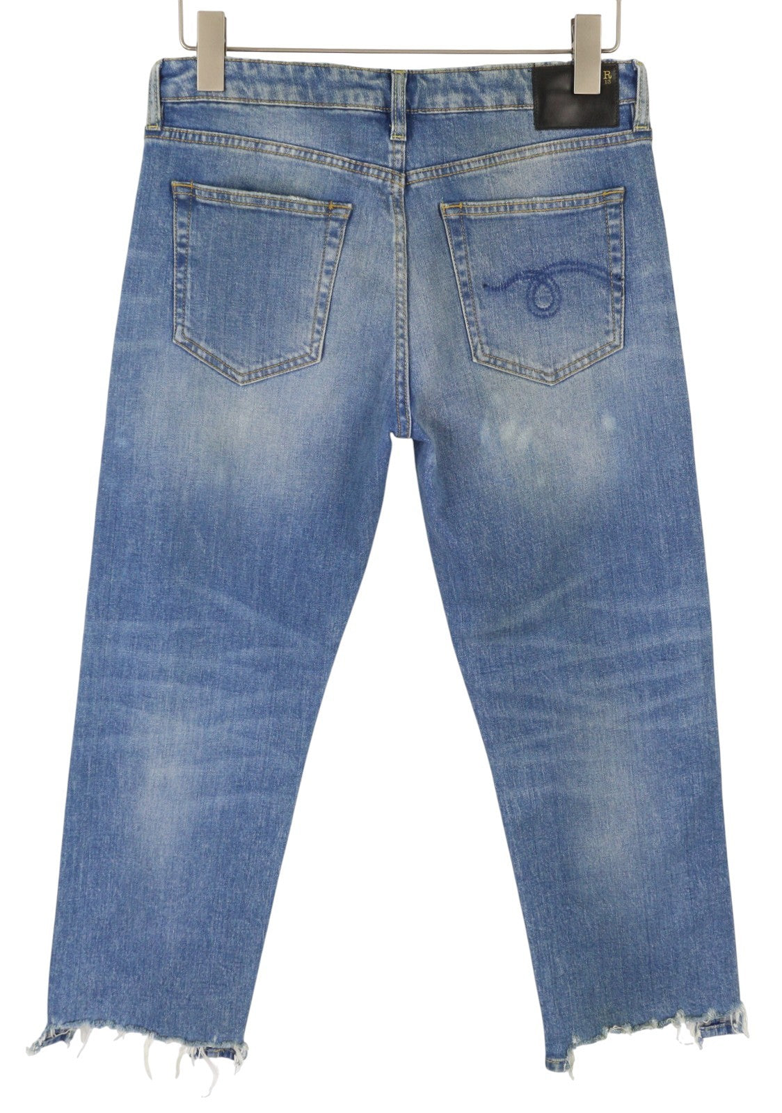 R13 Boy Straight W Rips Women Jeans 29 Jasper Stretch Low Rise Copped Faded Blue