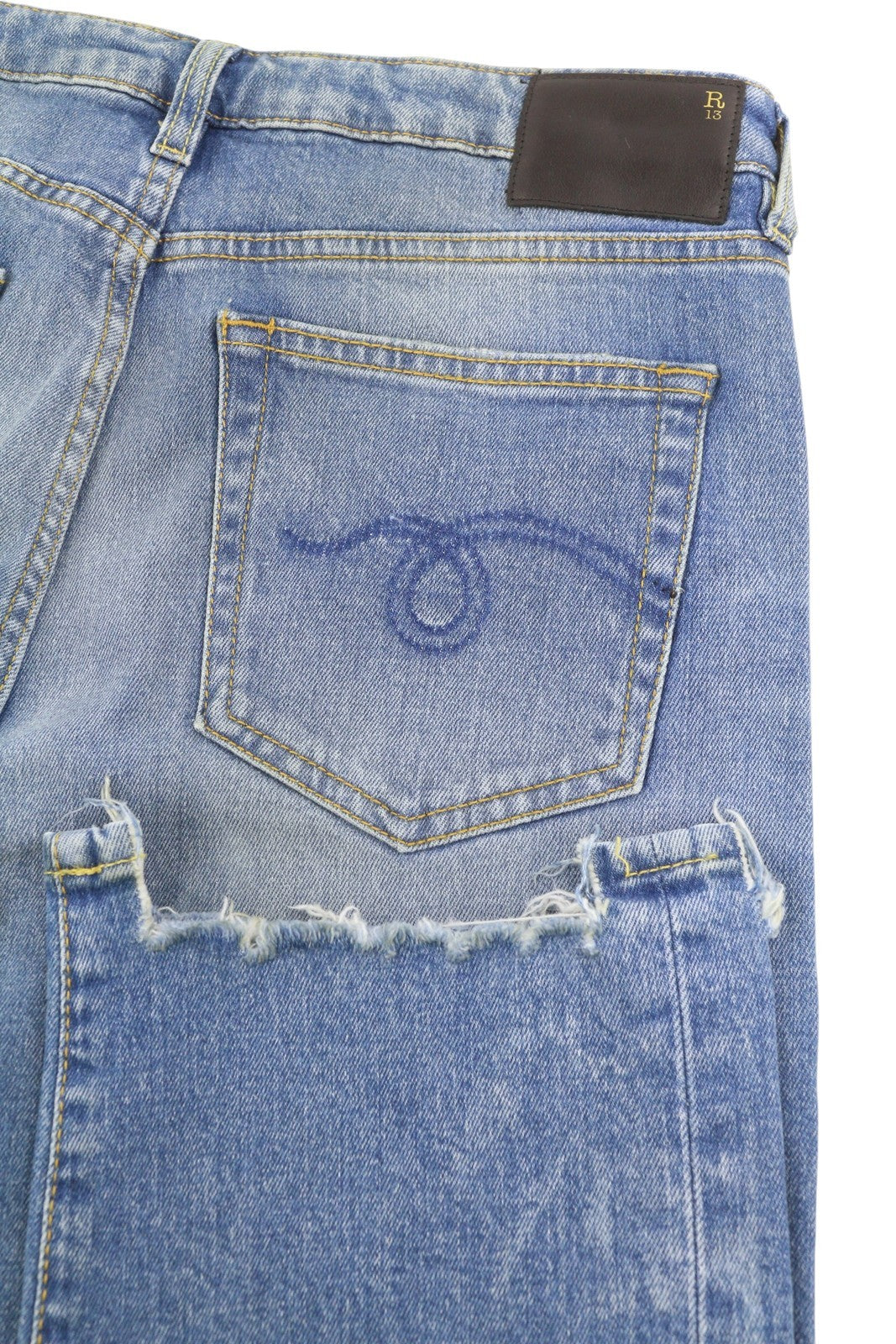 R13 Boy Straight W Rips Women Jeans 29 Jasper Stretch Low Rise Copped Faded Blue