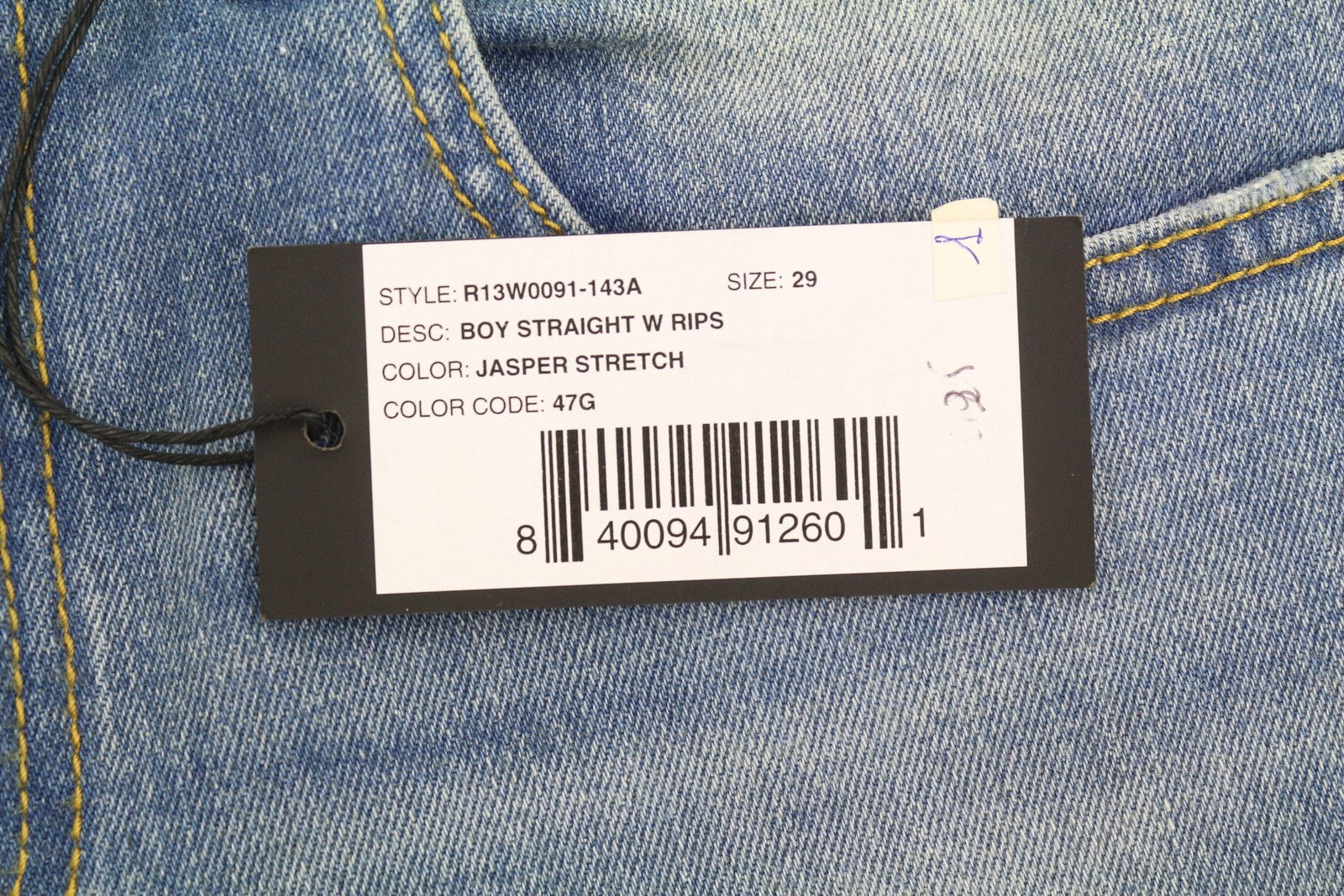 R13 Boy Straight W Rips Women Jeans 29 Jasper Stretch Low Rise Copped Faded Blue