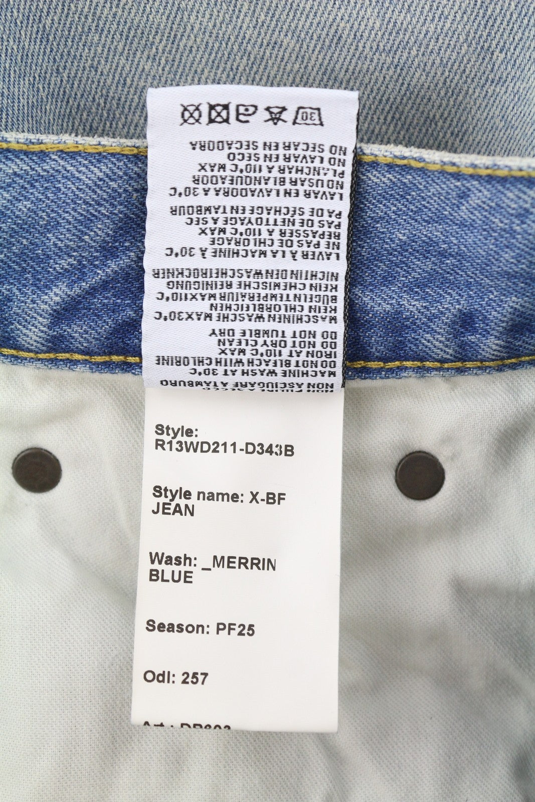 R13 X-BF moteriški džinsai 25 Merrin mėlyni ūsai išblukinti žemo liemens džinsai PF25 RRP799 
