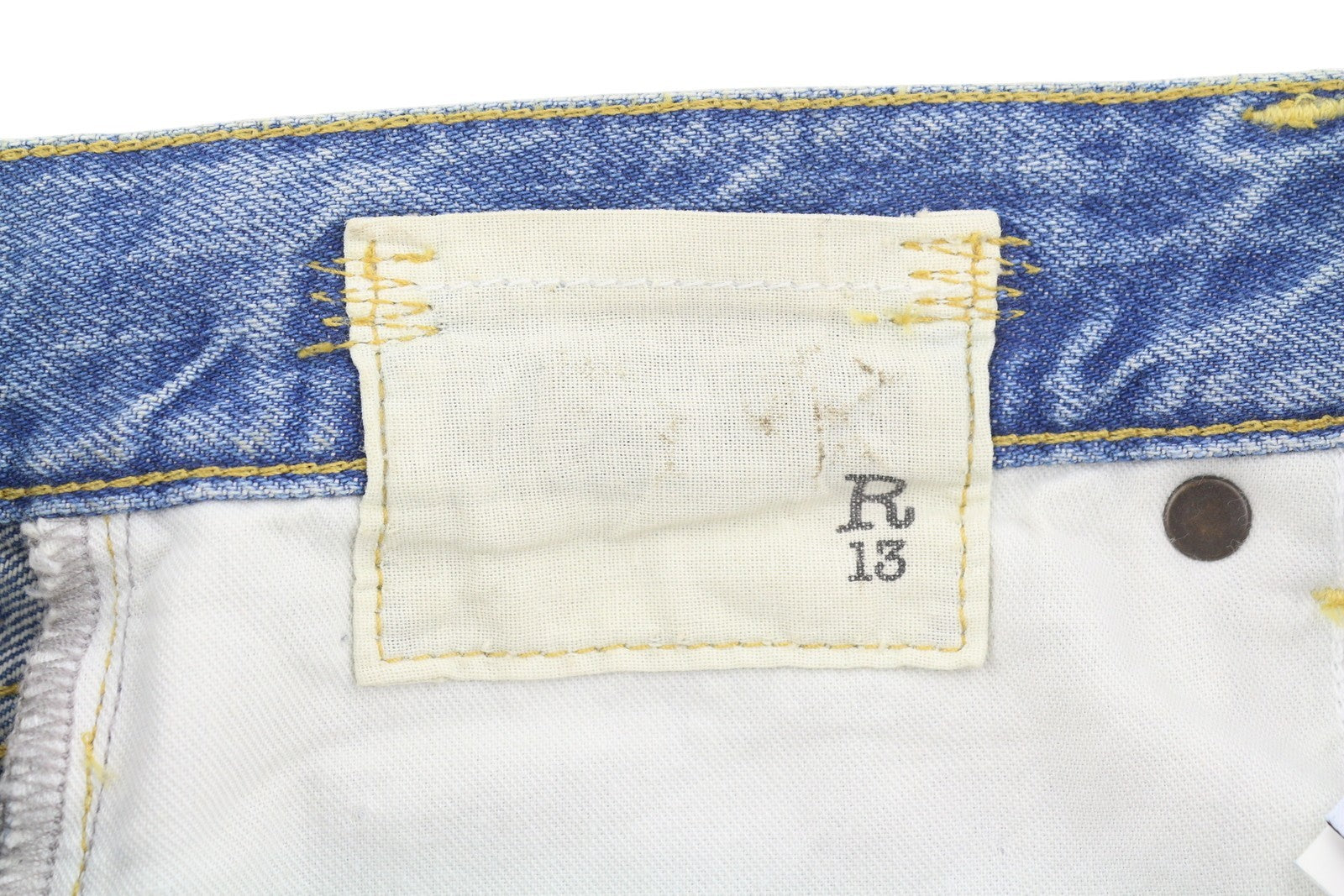 R13 X-BF moteriški džinsai 25 Merrin mėlyni ūsai išblukinti žemo liemens džinsai PF25 RRP799 