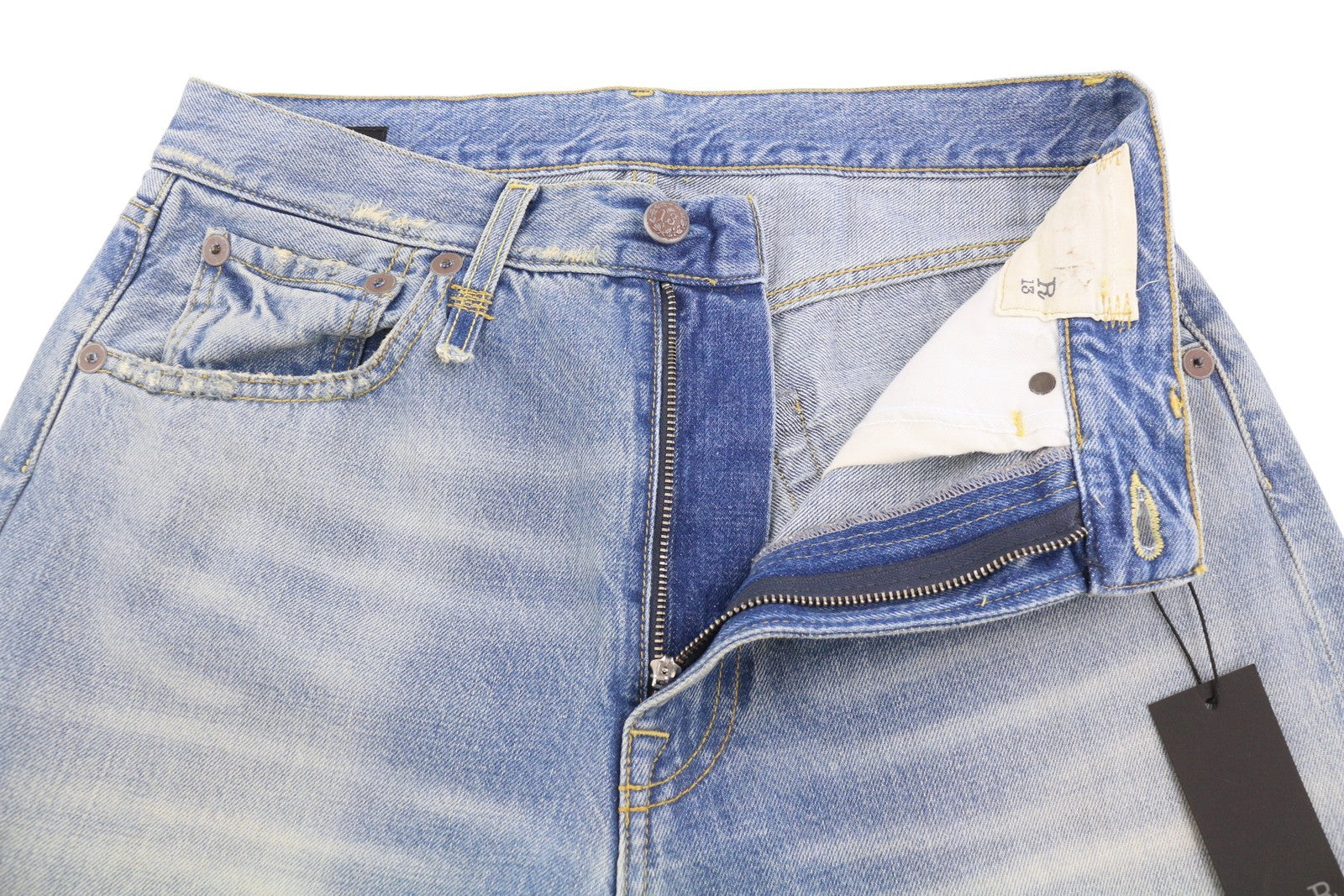 R13 X-BF moteriški džinsai 25 Merrin mėlyni ūsai išblukinti žemo liemens džinsai PF25 RRP799 