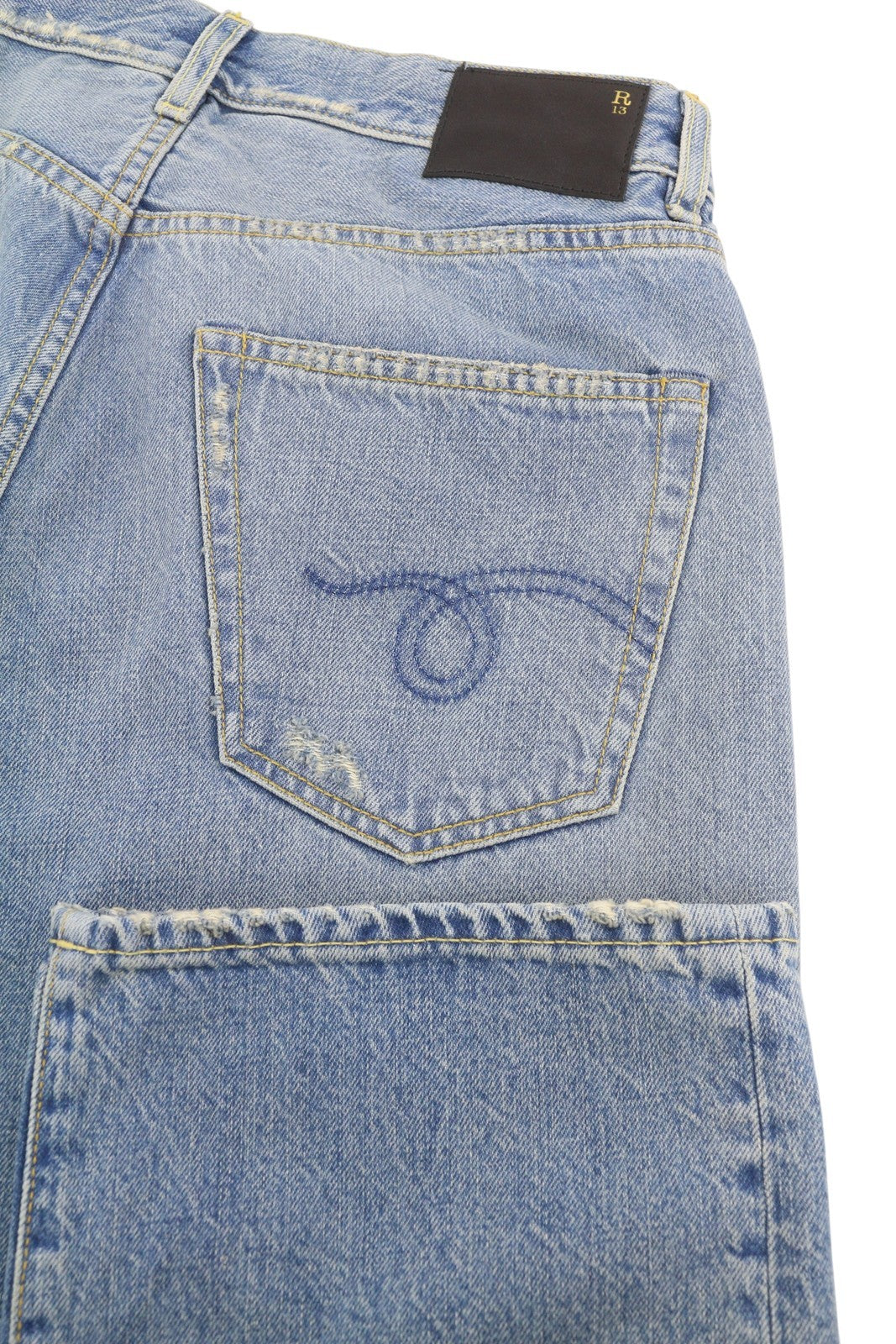 R13 X-BF moteriški džinsai 25 Merrin mėlyni ūsai išblukinti žemo liemens džinsai PF25 RRP799 