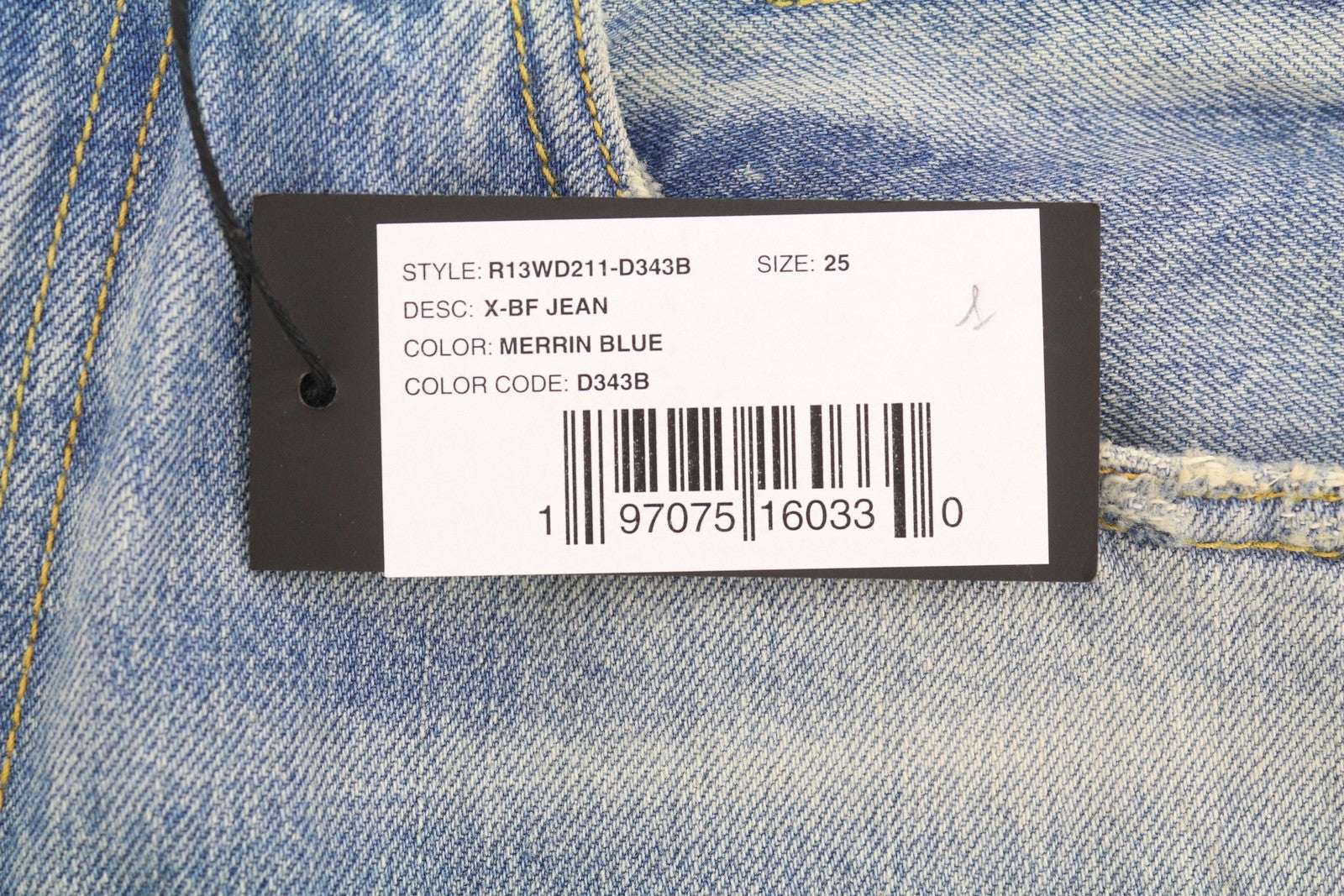 R13 X-BF moteriški džinsai 25 Merrin mėlyni ūsai išblukinti žemo liemens džinsai PF25 RRP799 