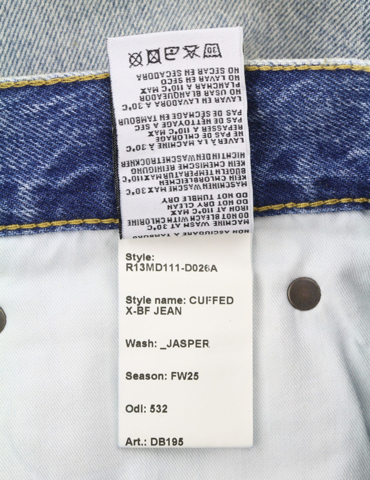 R13 Cuffed X-BF Women Jeans 32 Jasper Straight Fit Whiskers Faded Denim FW25