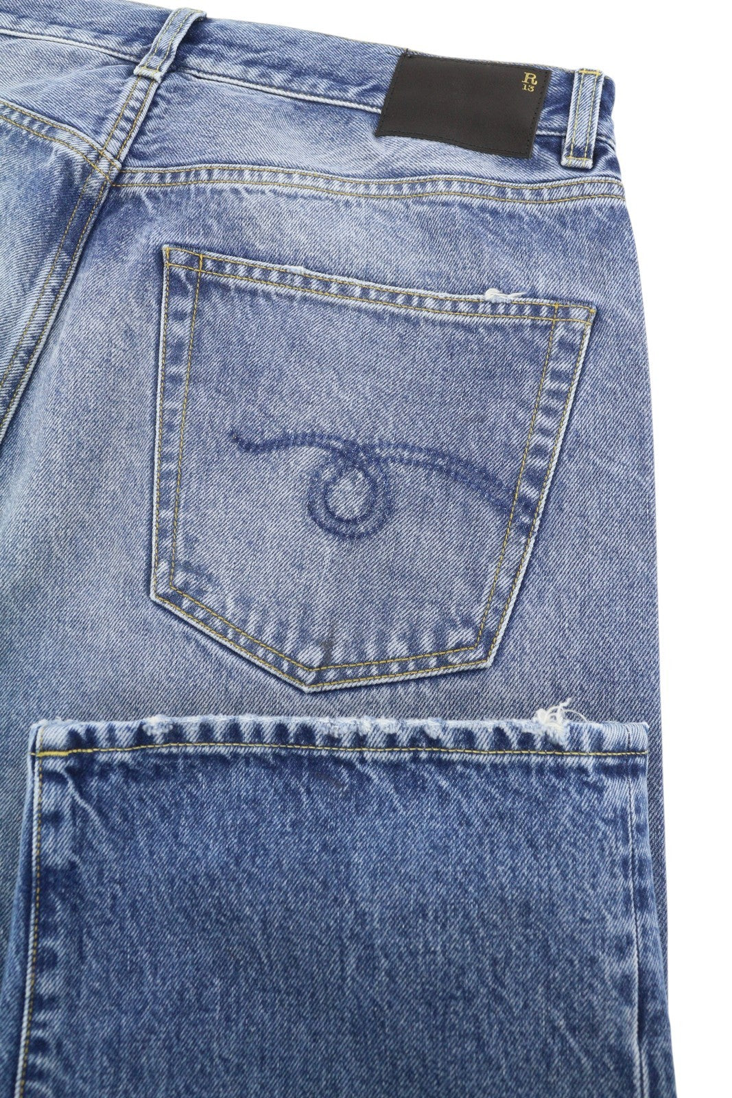 R13 Cuffed X-BF Women Jeans 29 Jasper Straight Fit Whiskers Faded Denim PF25