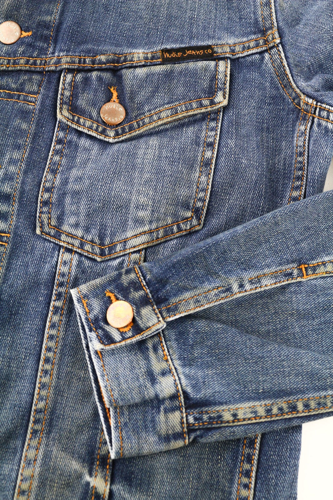 NUDIE JEANS Terry Natural Worn vyriški S dydžio mėlyni išblukinti džinsiniai polo kakleliai be pamušalo 