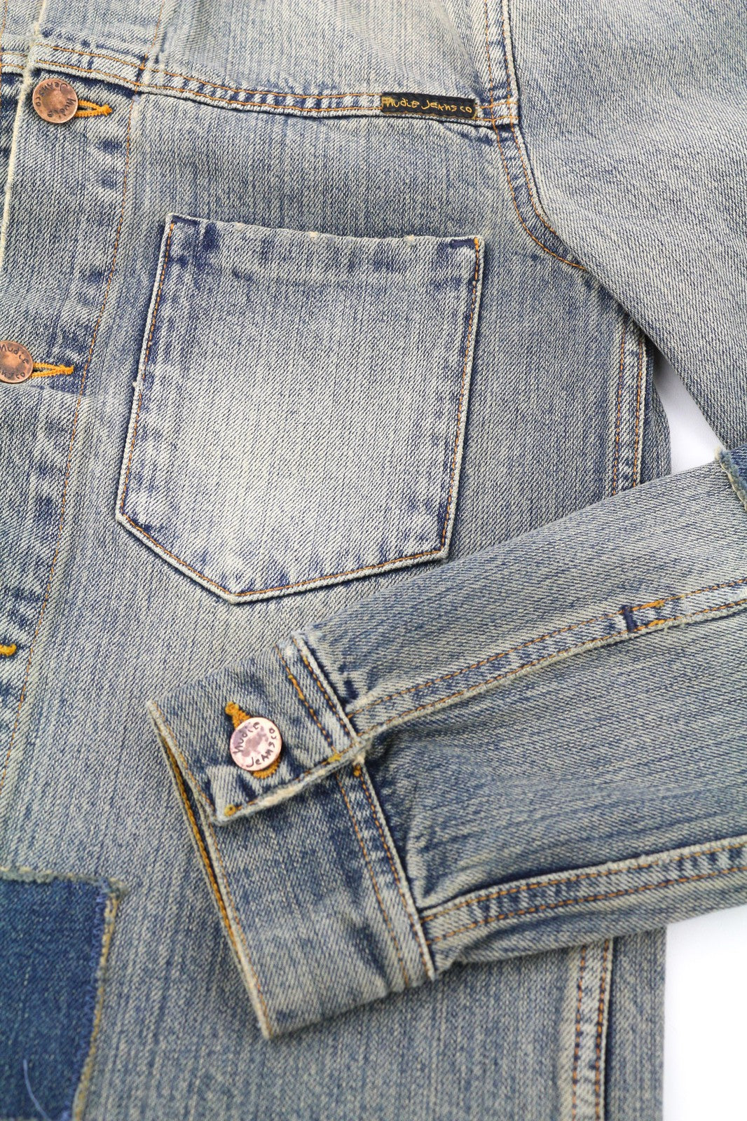 NUDIE JEANS Ronny Patches vyriškas XS dydžio blukintas mėlynas džinsinis polo švarkas su sagomis 