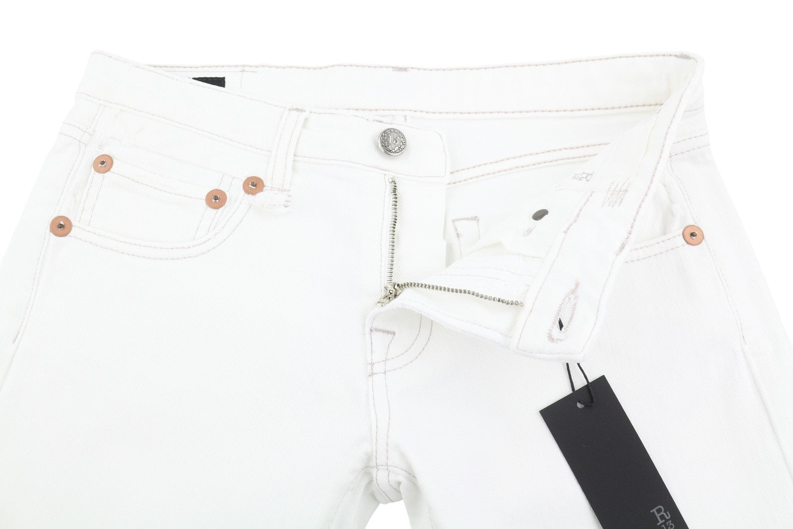 R13 berniukiški tiesūs moteriški džinsai 25 Bale balti trumpi, užtrauktuku iki kulkšnies PS25 RRP499