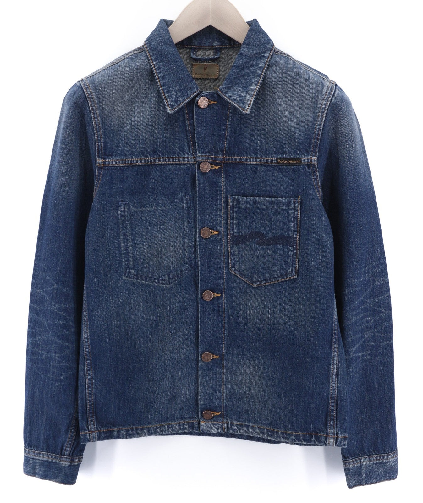 NUDIE JEANS Ronny Worn Authentic vyriška XS dydžio išblukusi polo džinsinė striukė su sunkvežimio priekine dalimi 