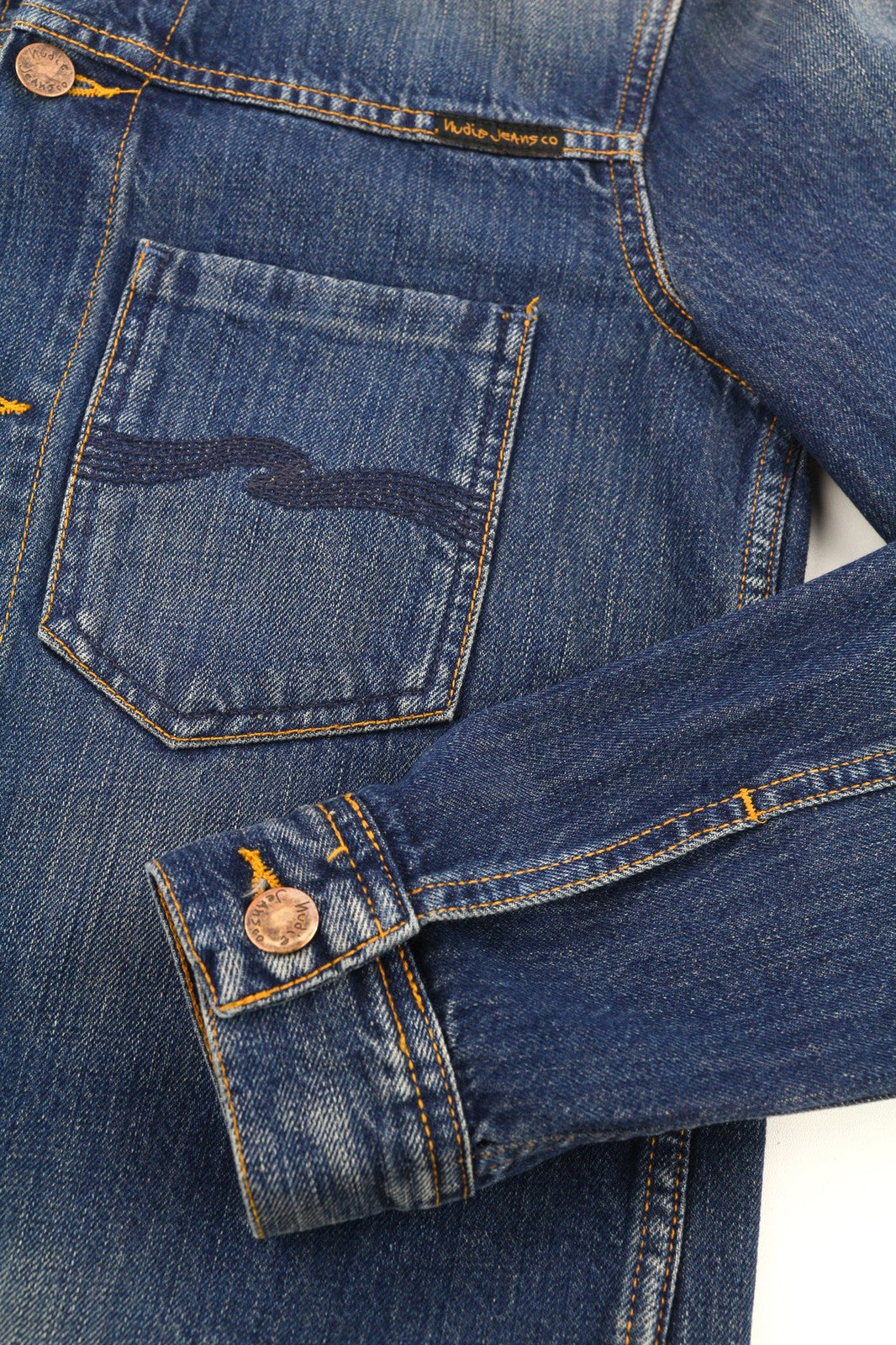 NUDIE JEANS Ronny Worn Authentic Men's XS Faded Polo Denim Trucker Jacket