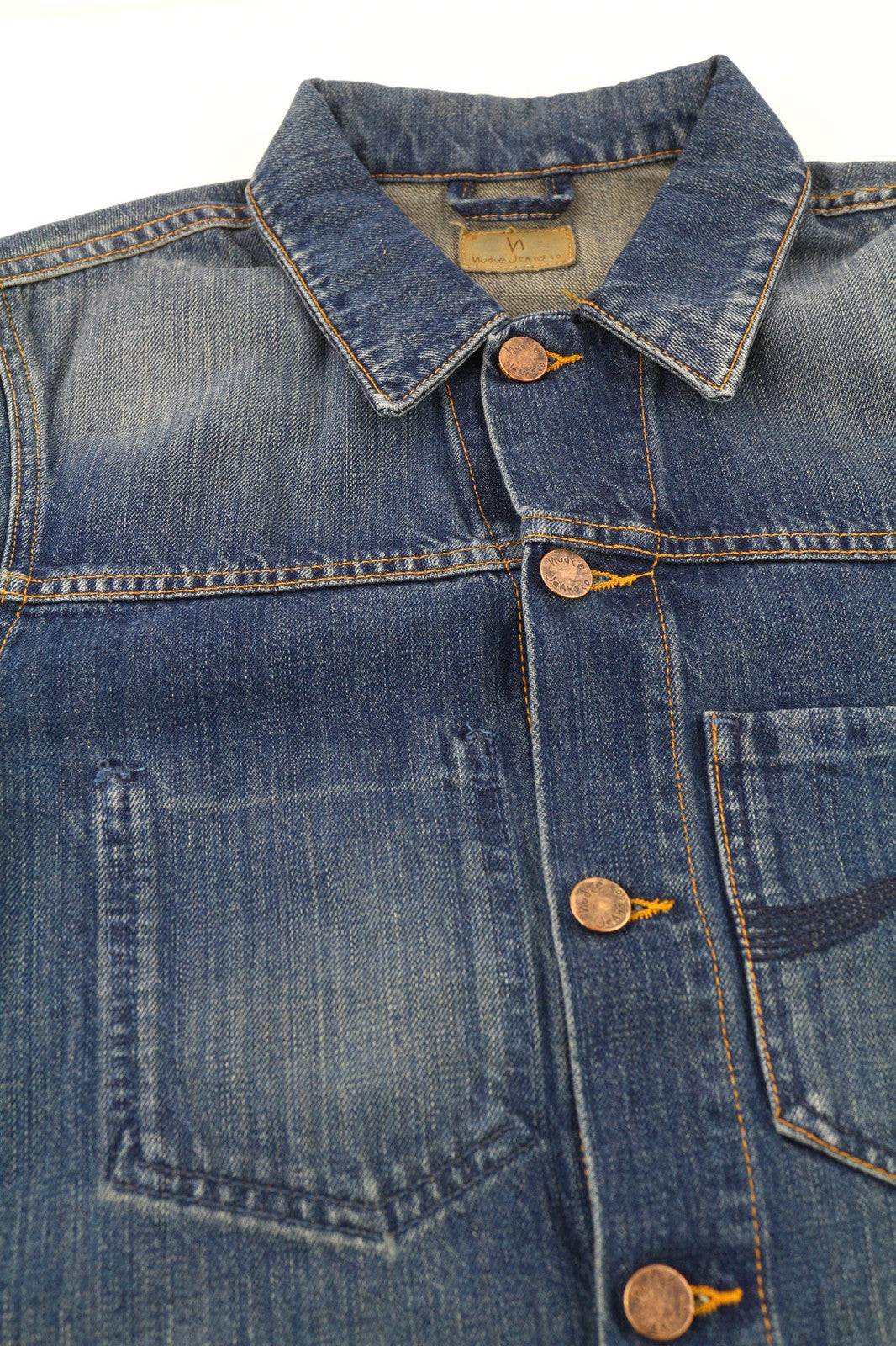 NUDIE JEANS Ronny Worn Authentic Men's XS Faded Polo Denim Trucker Jacket