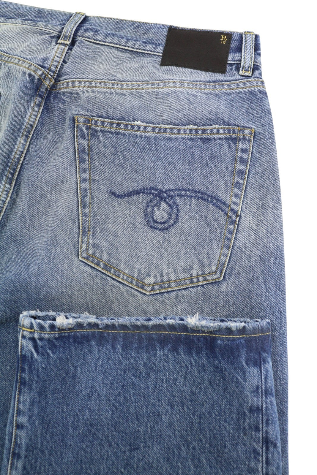 R13 Cuffed X-BF Women Jeans 29 Jasper Straight Fit Whiskers Faded Blue PF25