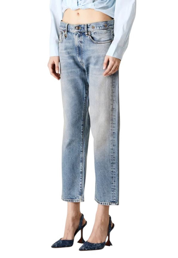 R13 Boyfriend moteriški džinsai, 28 Jasper trumpinti iki kulkšnies, išblukintos mėlynos spalvos su užtrauktuku, FW25, RRP699 