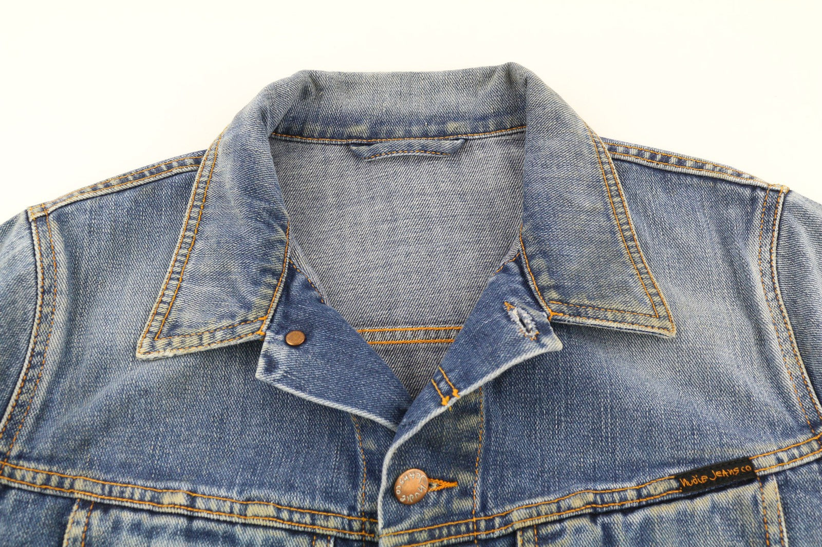 NUDIE JEANS Terry Natural Worn Men's M Blue Faded Denim Polo Button Jacket