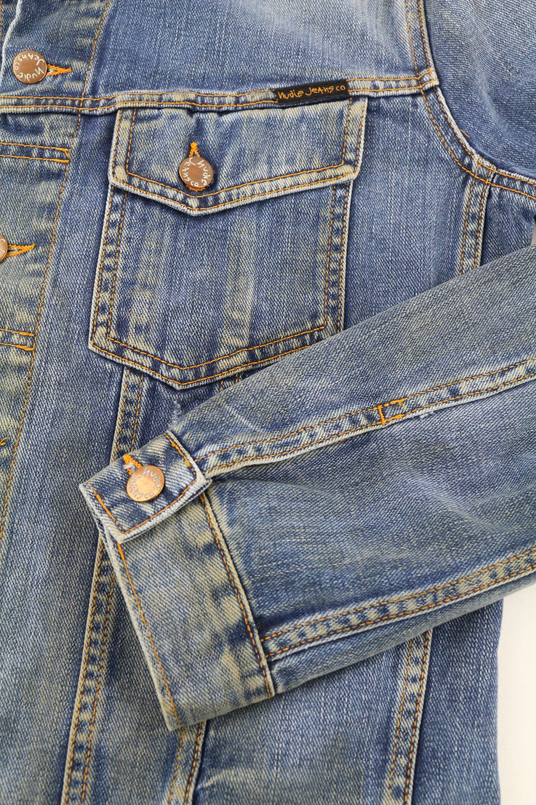 NUDIE JEANS Terry Natural Worn Men's M Blue Faded Denim Polo Button Jacket