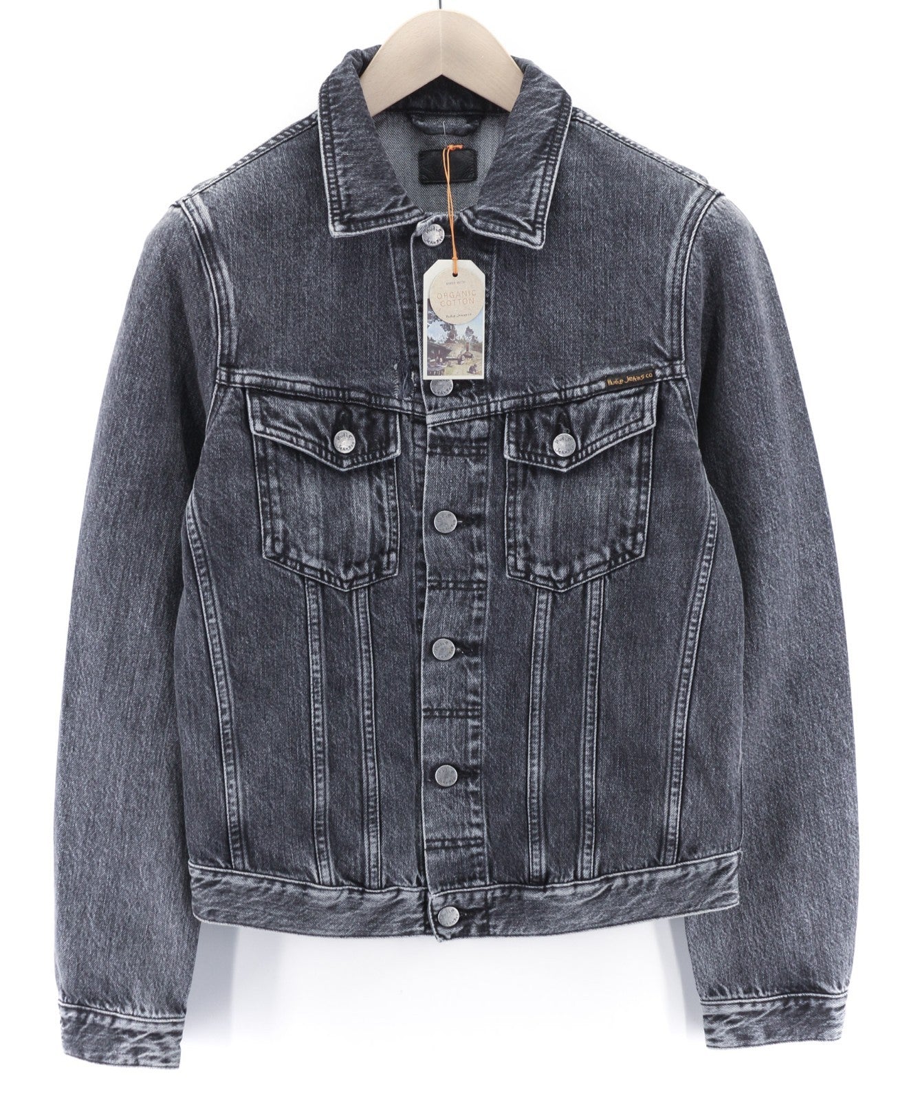 NUDIE JEANS Billy Grey Stardust vyriška S dydžio blukinta džinsinė polo apykaklė 