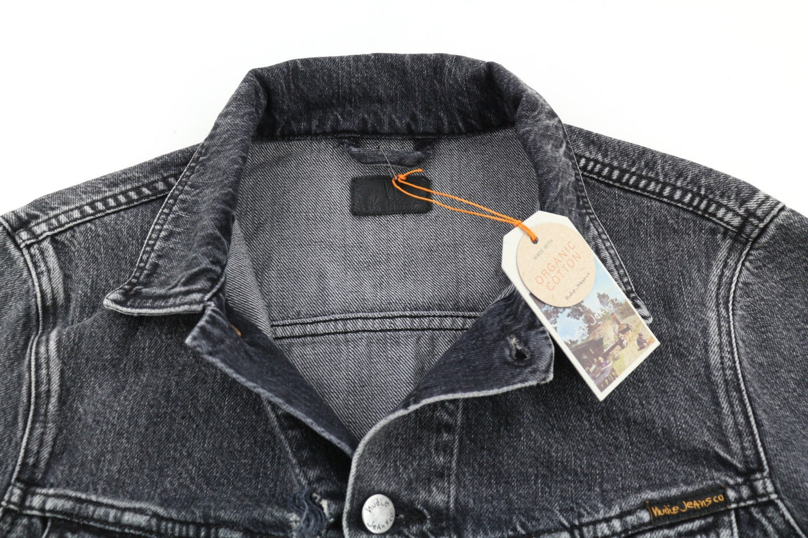 NUDIE JEANS Billy Grey Stardust vyriška S dydžio blukinta džinsinė polo apykaklė 