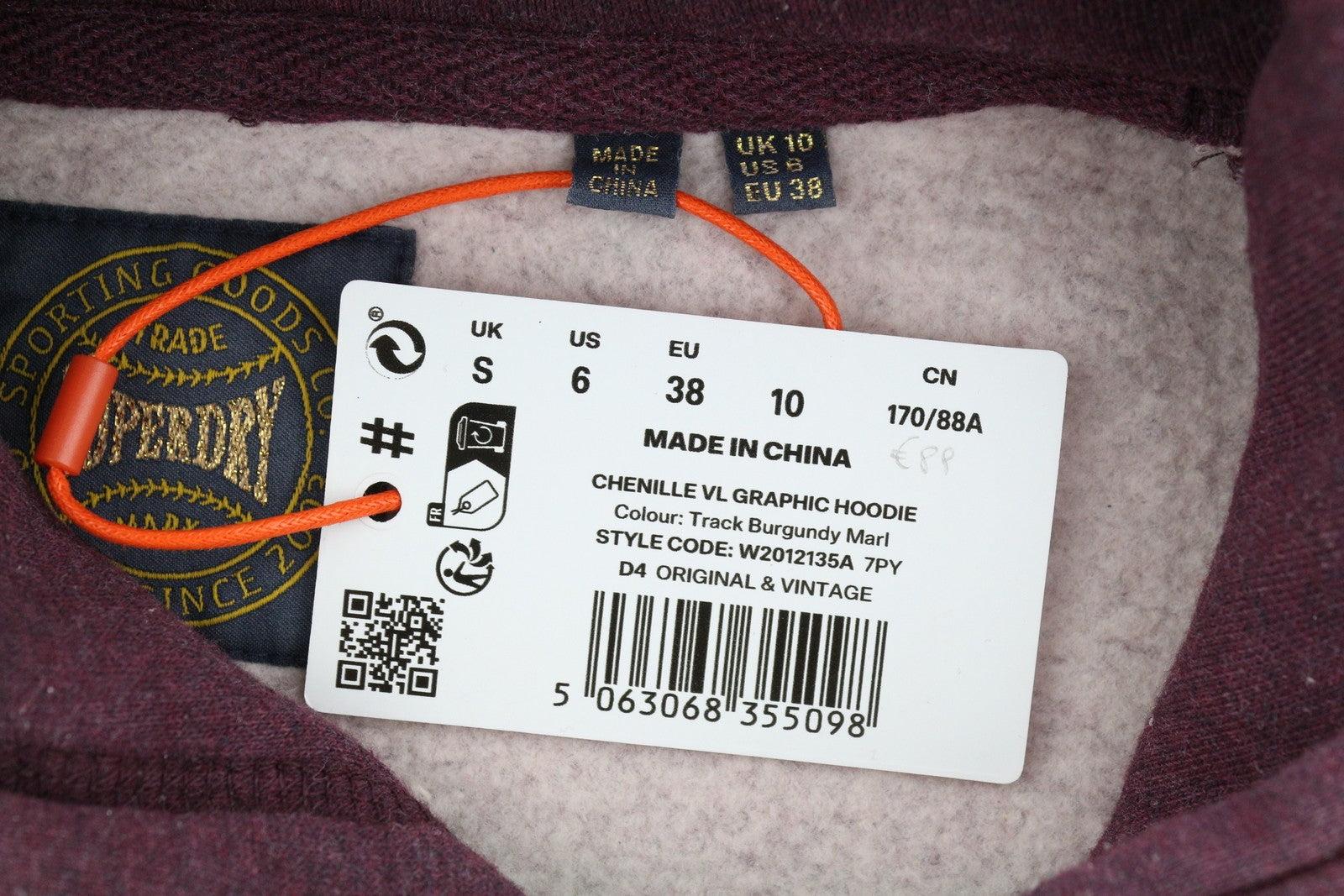 SUPERDRY Chenille VL Graphic moteriškas džemperis su gobtuvu, 38 dydžio, bordo spalvos, megztinis su kengūros kišene 