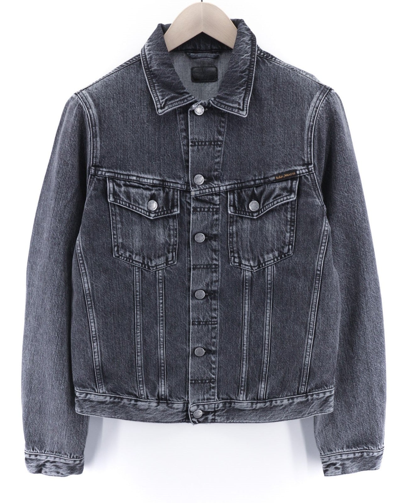 NUDIE JEANS Billy Grey Stardust vyriški polo kaklelio džinsiniai džinsai su sagomis ir pamušalu M dydžio 