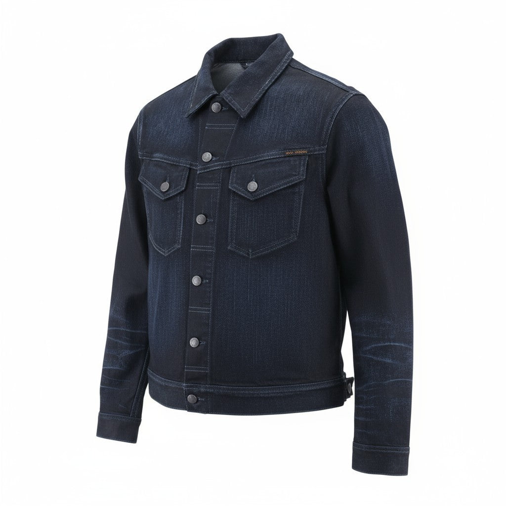 NUDIE JEANS Conny Org. vyriški polo marškinėliai su išblukusiu džinsu ir sagomis, juodi ir indigo raštu. 