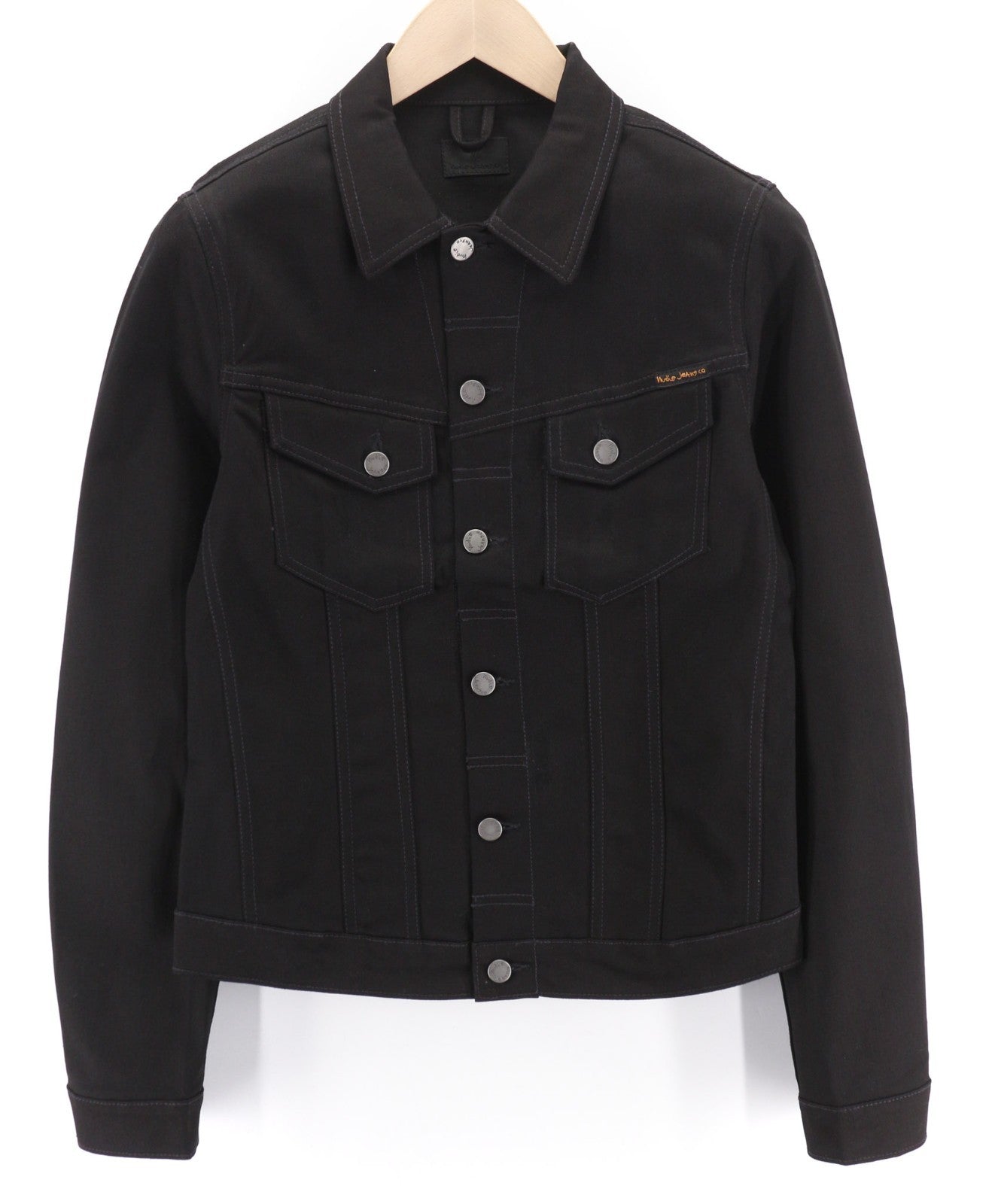 NUDIE JEANS vyriška juoda S dydžio džinsinė striukė su polo apykakle ir pamušalu bei sagomis. 