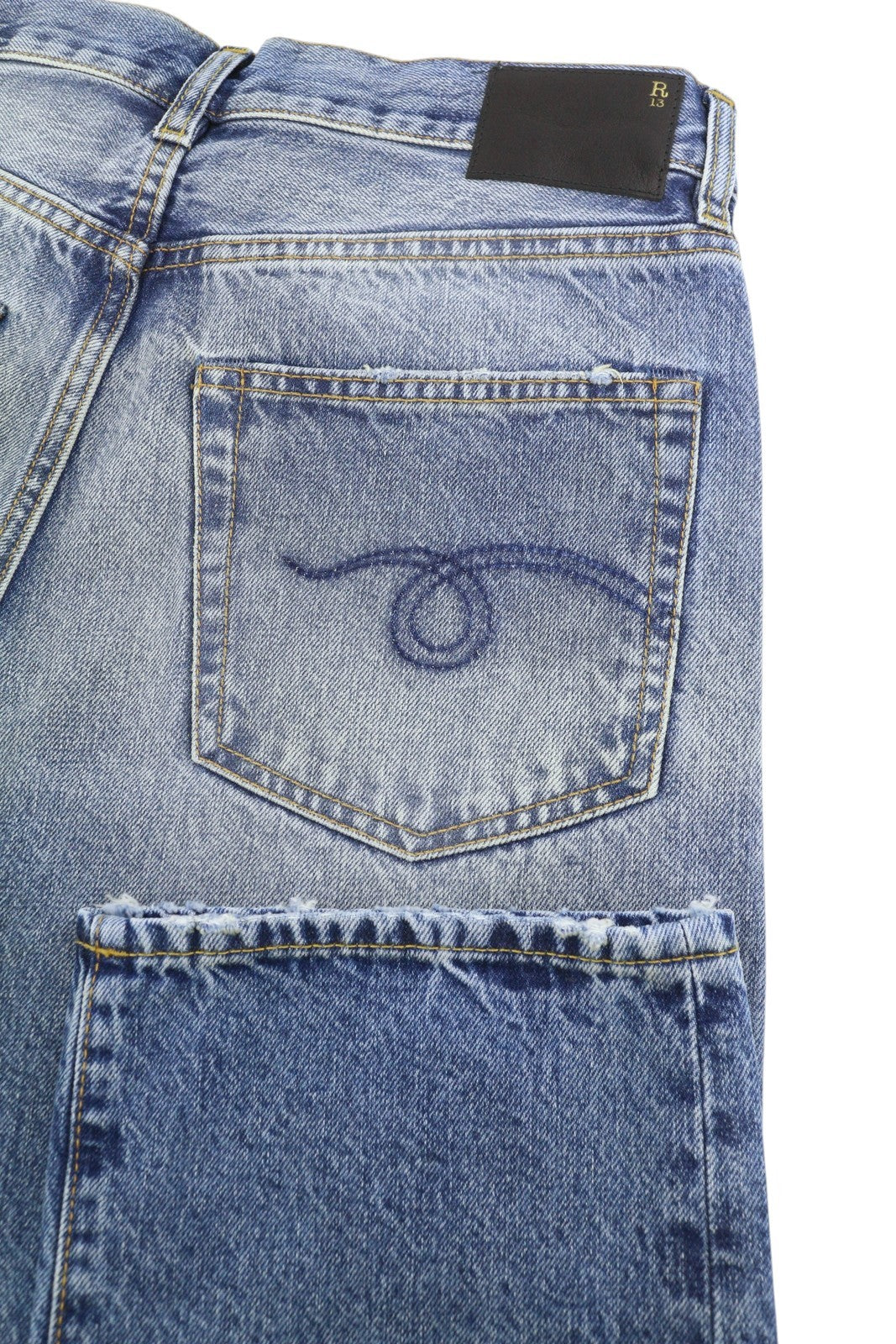 R13 Boyfriend Women Jeans 27 Jasper Cropped Whiskers Faded Blue PF25 RRP699