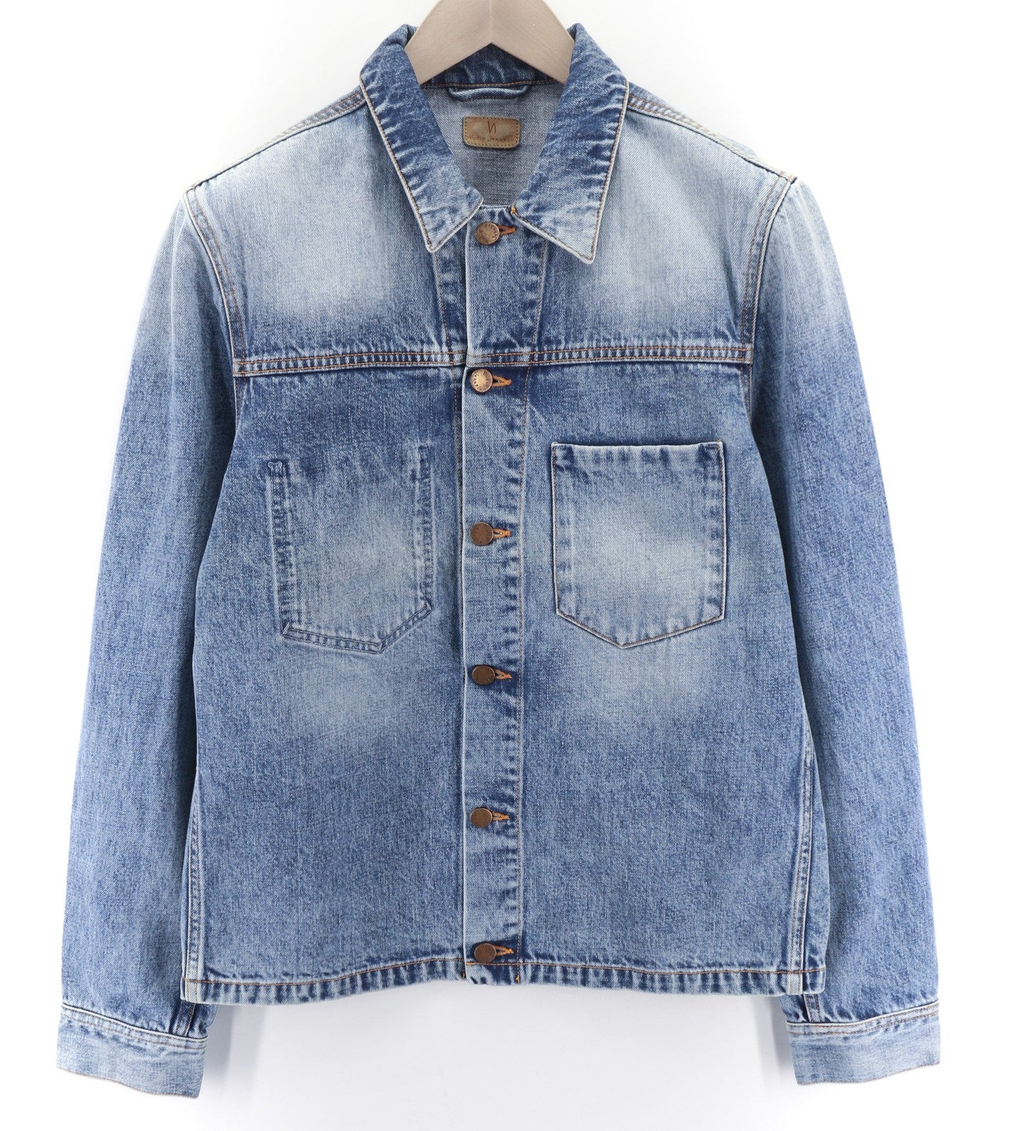 NUDIE JEANS Ronny Rig Bossa Hawk vyriška M dydžio blukinta mėlyna džinsinė polo striukė 