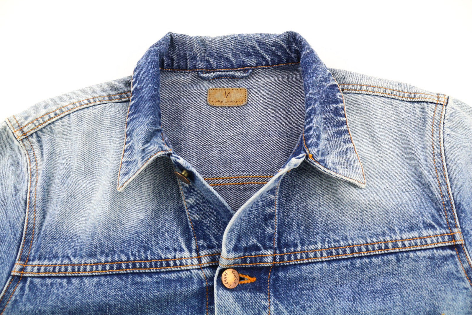 NUDIE JEANS Ronny Rig Bossa Hawk Men's M Faded Blue Denim Polo Jacket