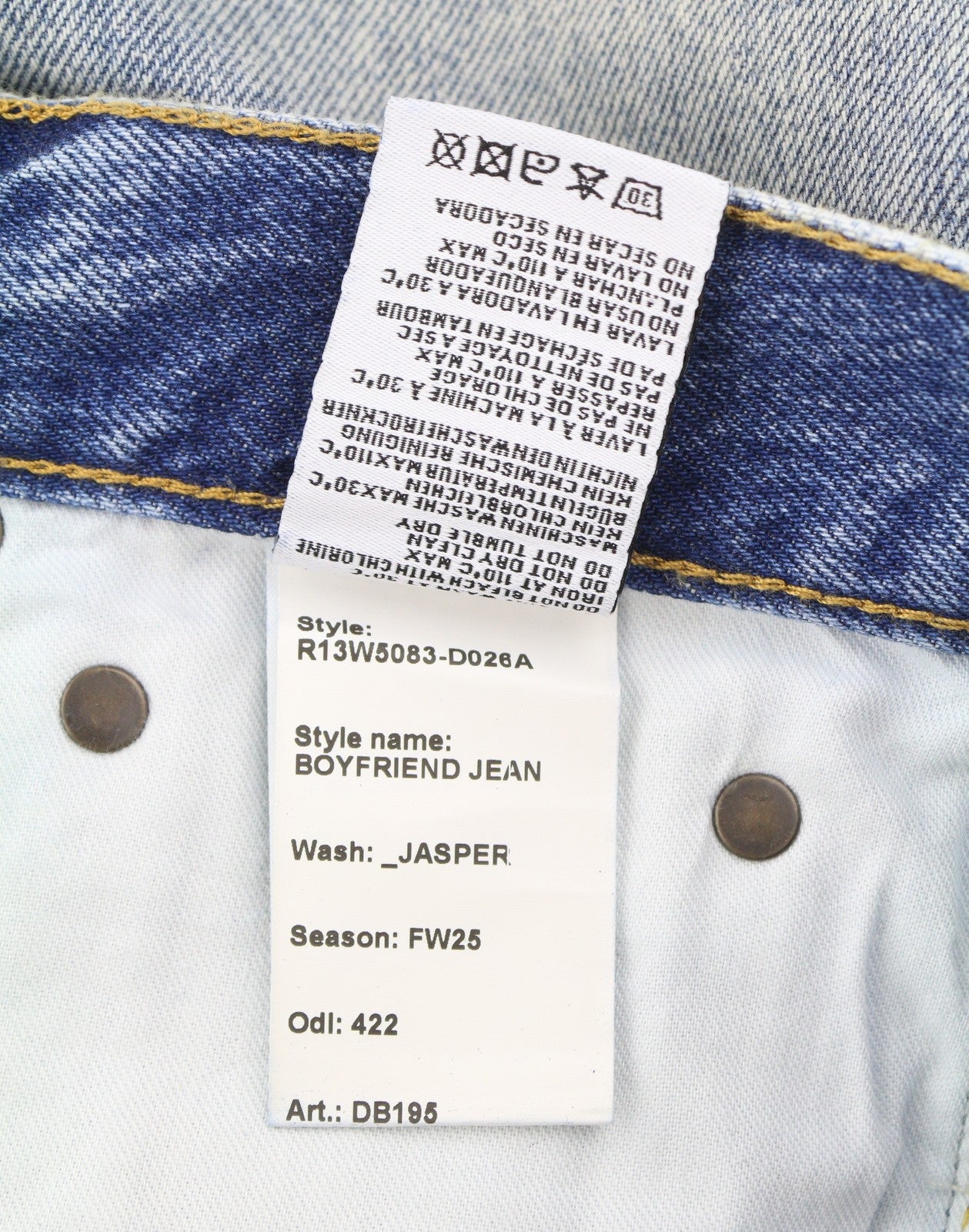 R13 Boyfriend Women Jeans 28 Jasper Cropped Whiskers Faded Blue FW25 RRP699