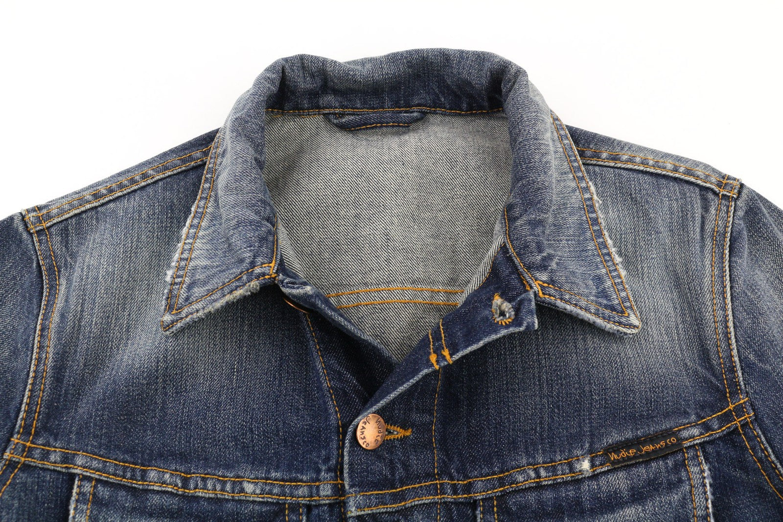 NUDIE JEANS Terry Org. Kontrastingi vyriški S dydžio mėlyni polo marškinėliai išblukinto organinio džinso 