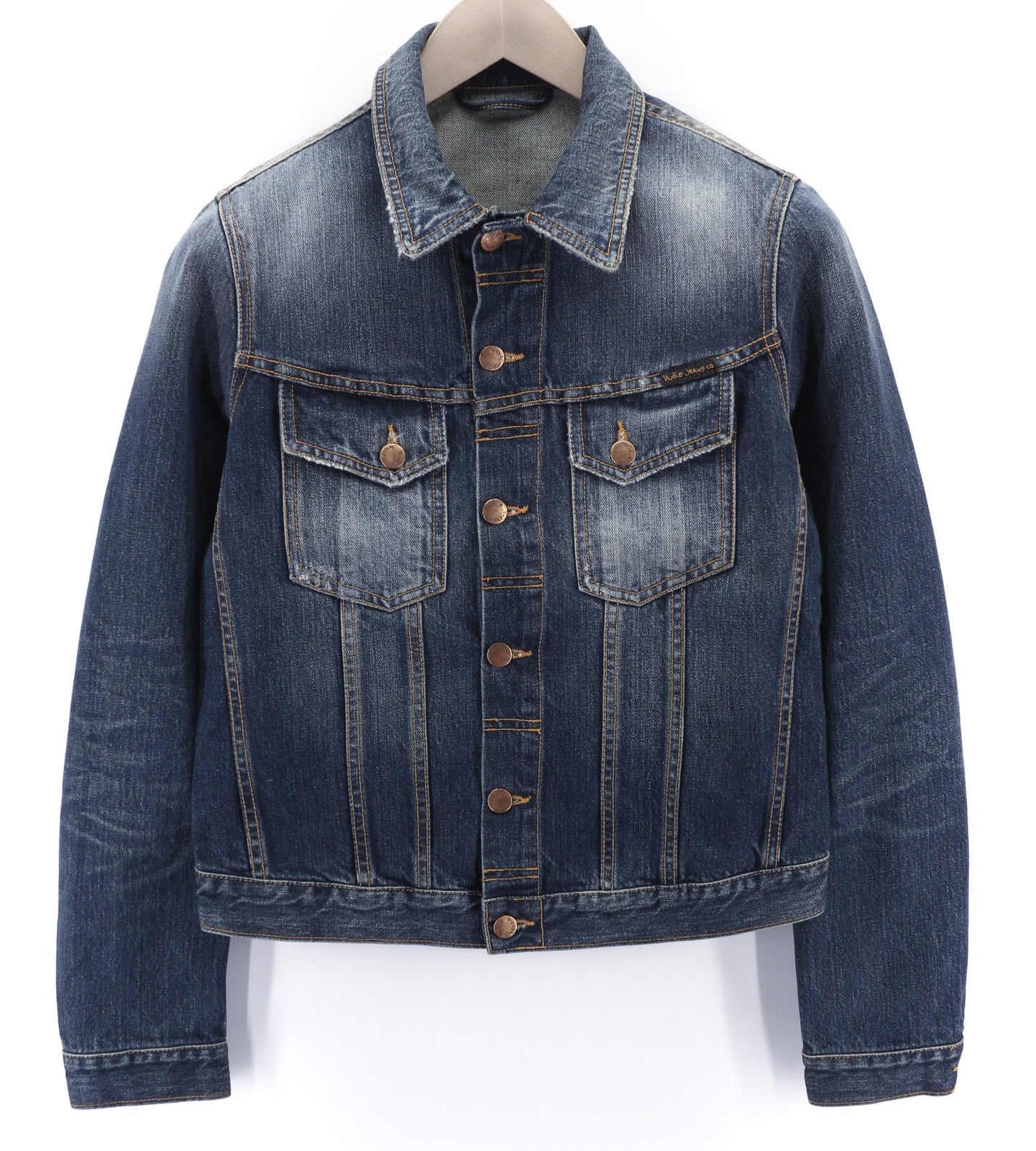 NUDIE JEANS Terry Org. kontrastingi vyriški S dydžio išblukinto džinso polo marškinėliai su dirbtiniais raštais 