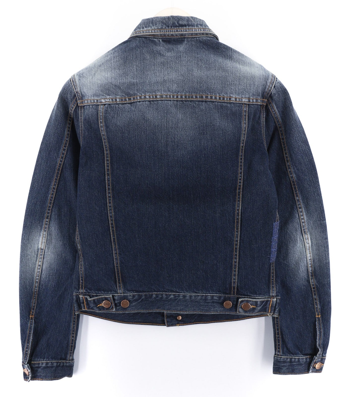 NUDIE JEANS Terry Org. kontrastingi vyriški S dydžio išblukinto džinso polo marškinėliai su dirbtiniais raštais 